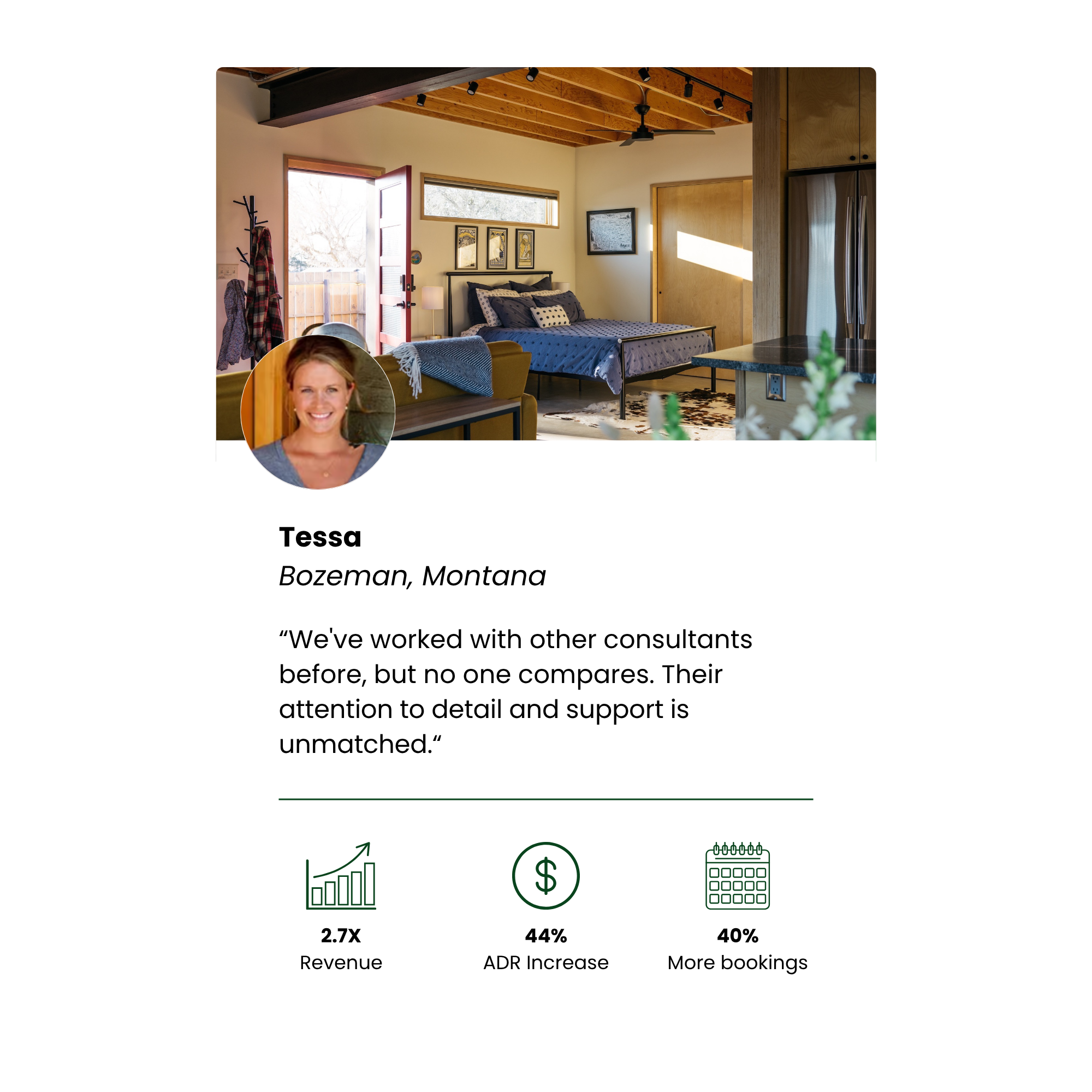 Tessa's Bozeman, Montana case study: 2.7 times the revenue, a 44 percent ADR increase, and 40 percent more bookings with detailed strategy and support from Host & Stay.