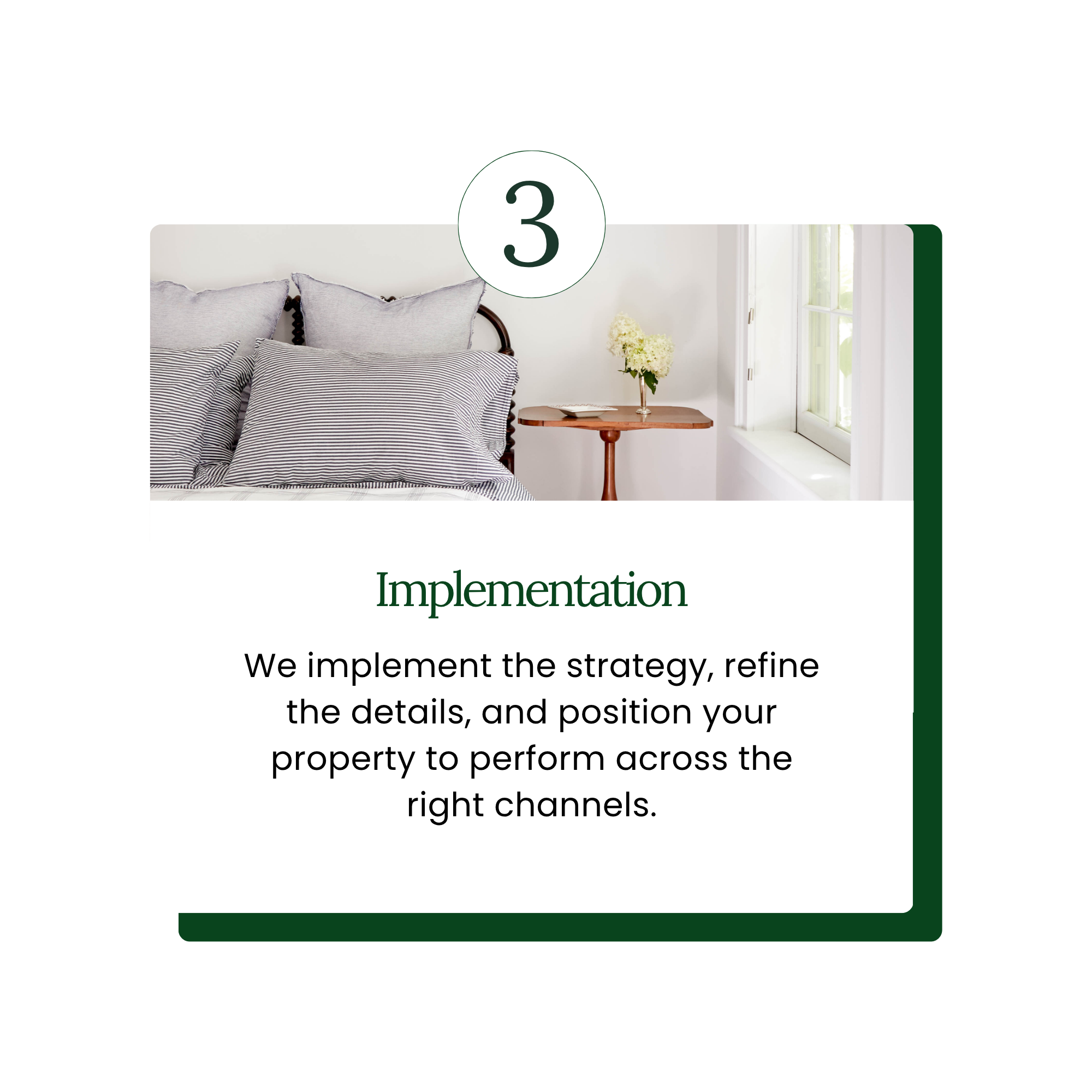 Step three, implementation: Host & Stay implements the strategy, refines the details, and positions the property to perform across the right booking channels.