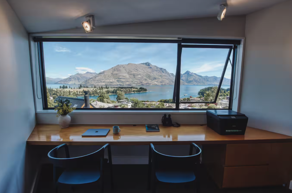 Snowbird Airbnb interior with lake view in Queenstown