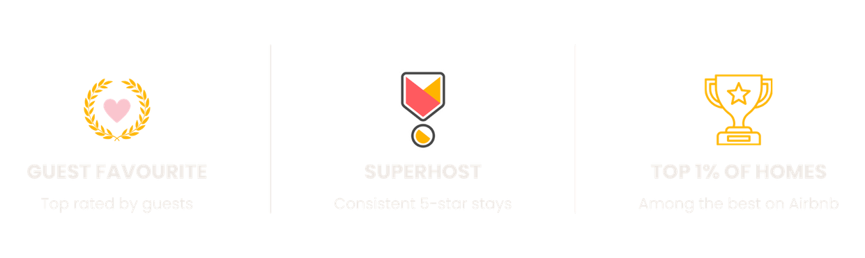 Guest Favourite, Superhost, and Top 1% of Homes recognition, representing top guest ratings, consistent five-star stays, and homes ranked among Airbnb's best.