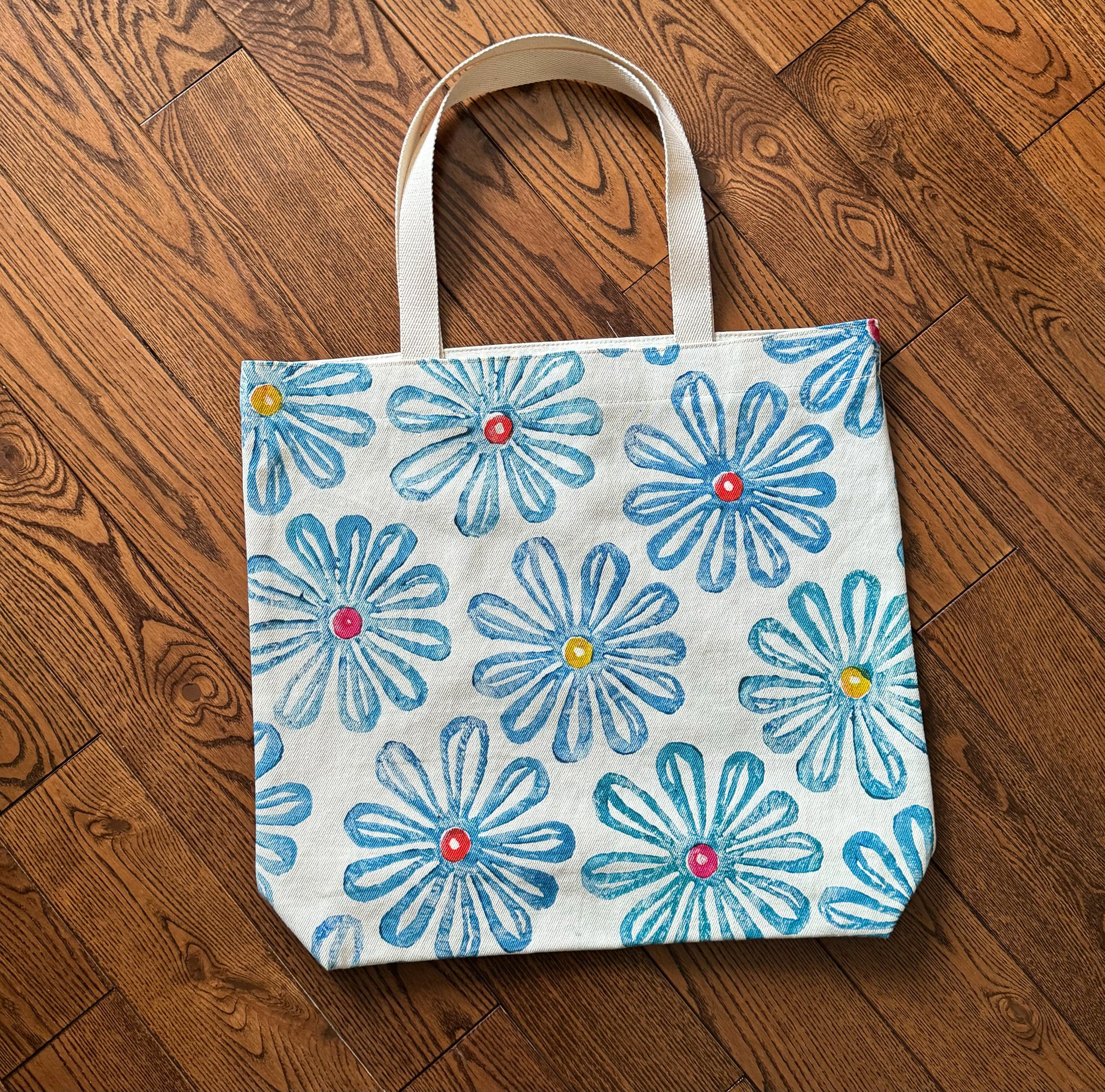 Hemp Cotton Market Bag Turquoise Flowers