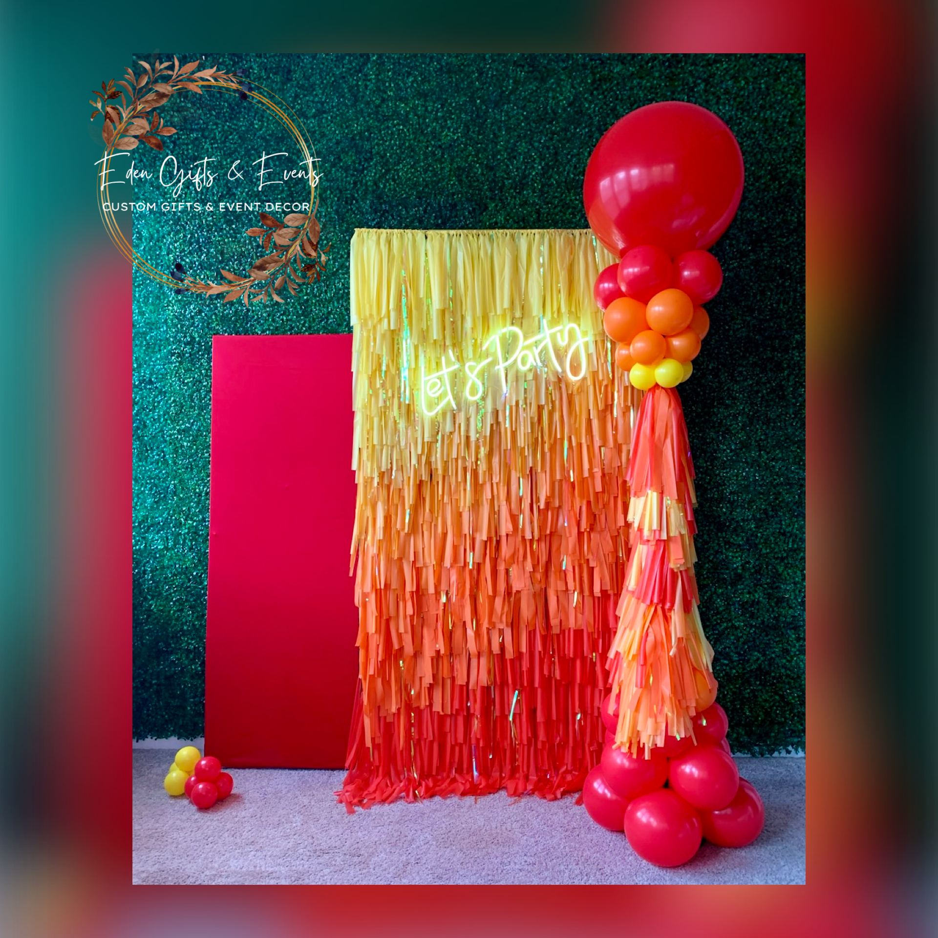 Eden Gifts & Events is your one stop shop for fringe garland and backdrops, balloon garland, columns, and marquees available for local delivery and FREE pick-up.  Get your FREE quote NOW!