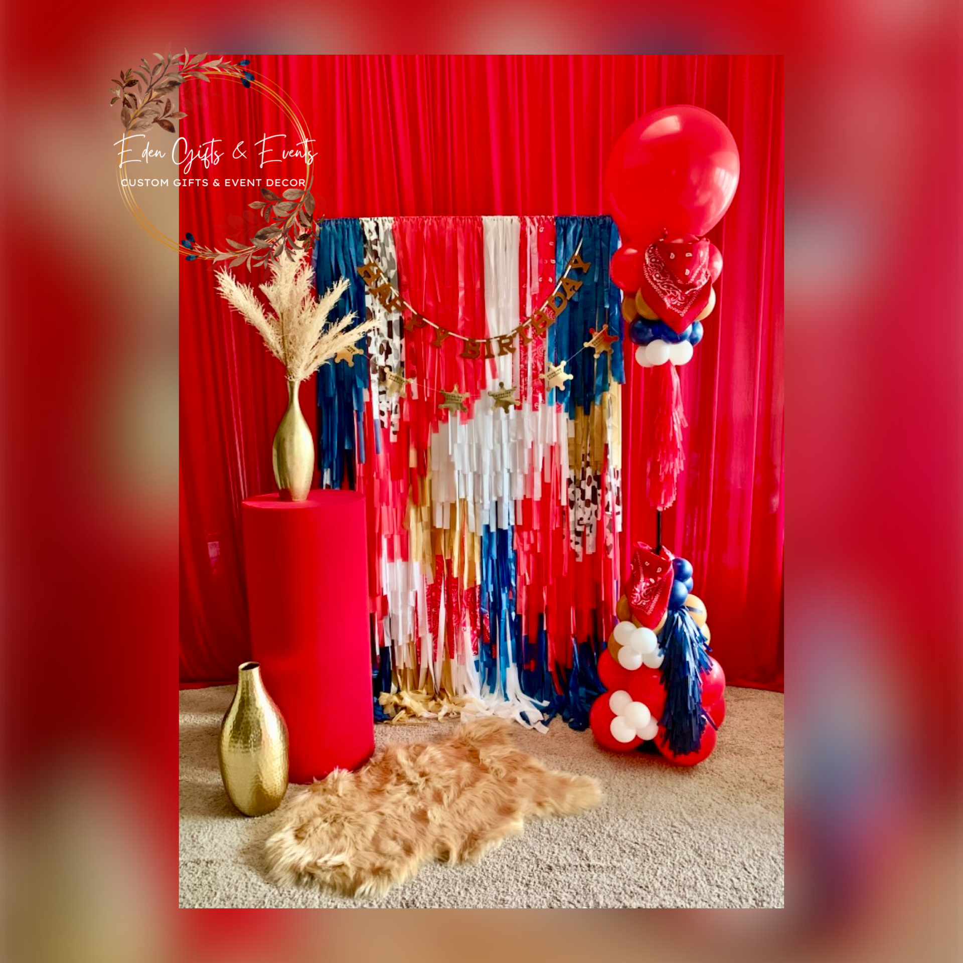 Eden Gifts & Events is your one stop shop for fringe garland and backdrops, balloon garland, columns, and marquees available for local delivery and FREE pick-up.  Get your FREE quote NOW!