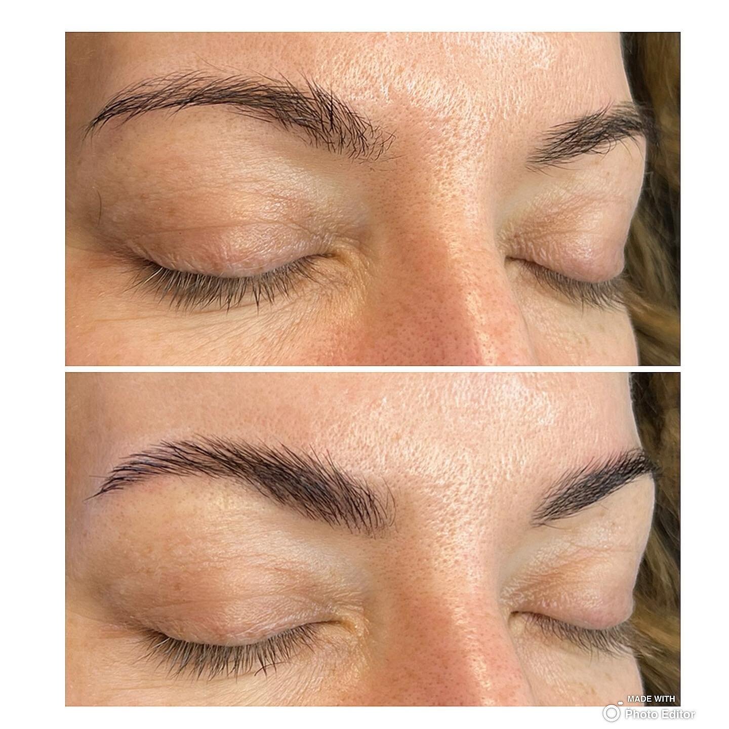 Before and after Brow Lamination for my bestie!💕 
You can see how the lamination and tint combo helps make them look more lifted, shaped, and full? 
What a difference! 😍🙌🏼

Come back every 6-8 weeks to maintain this look. ☺️