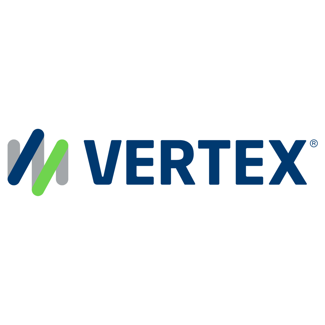 Vertex logo with stylized 'V' and the company name in blue letters.