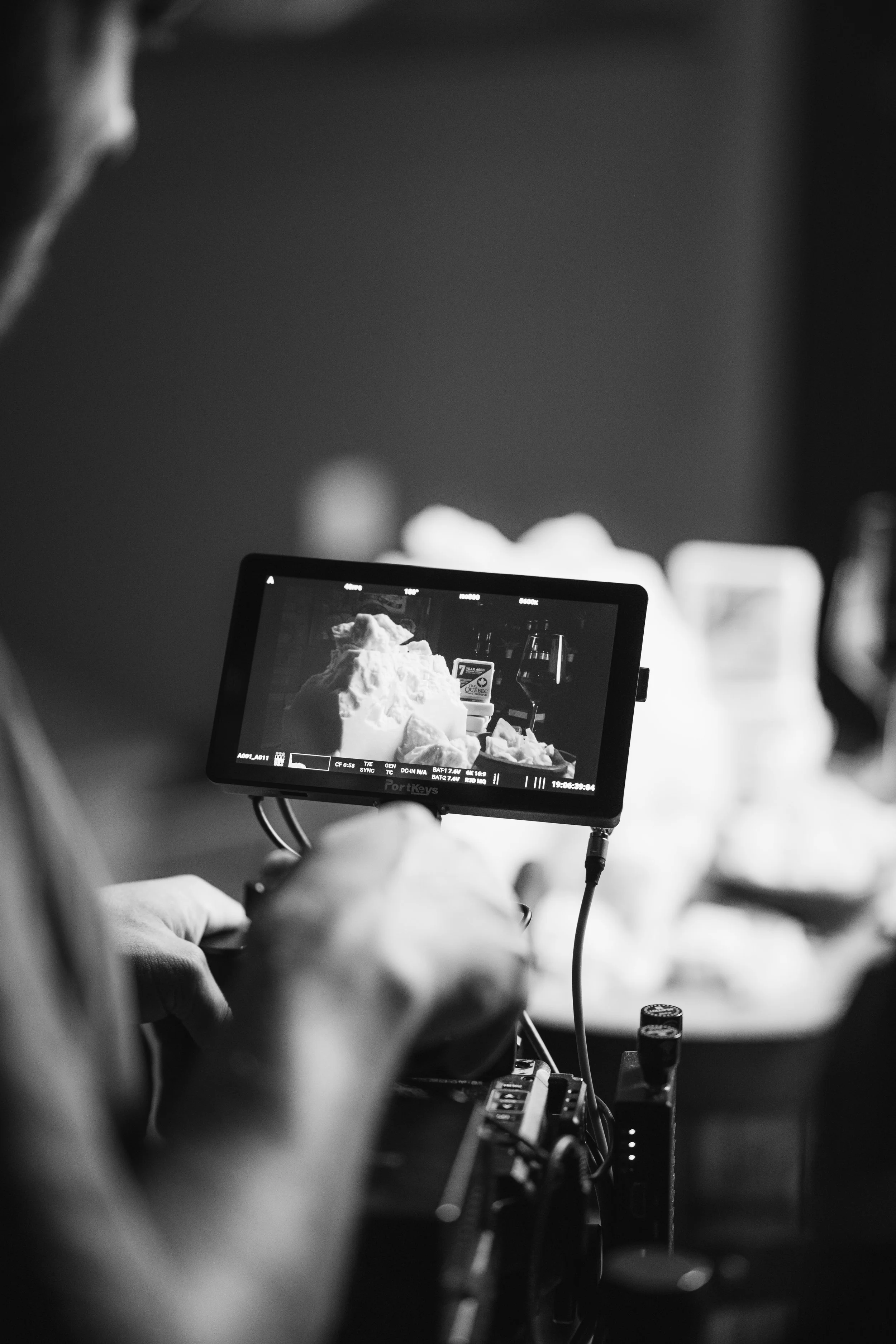 A person operating a monitor on a film or photography set, viewing a scene of a ice sculpture or similar object.