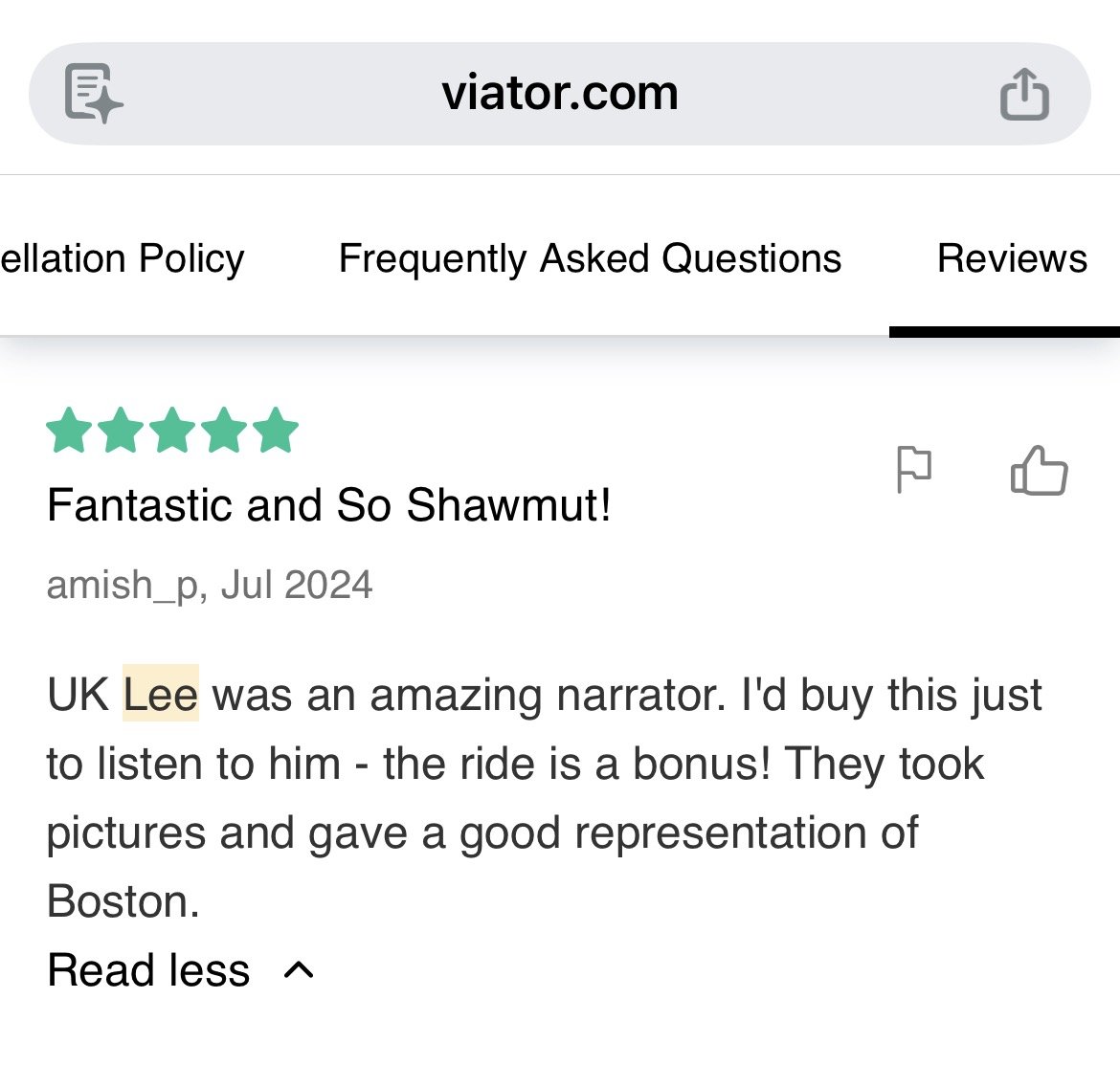 Screenshot of a Viator review page showing a 5-star rating and a review praising a narrator named Lee for his storytelling and a fun ride experience, with a highlighted word 'Lee' in the text.