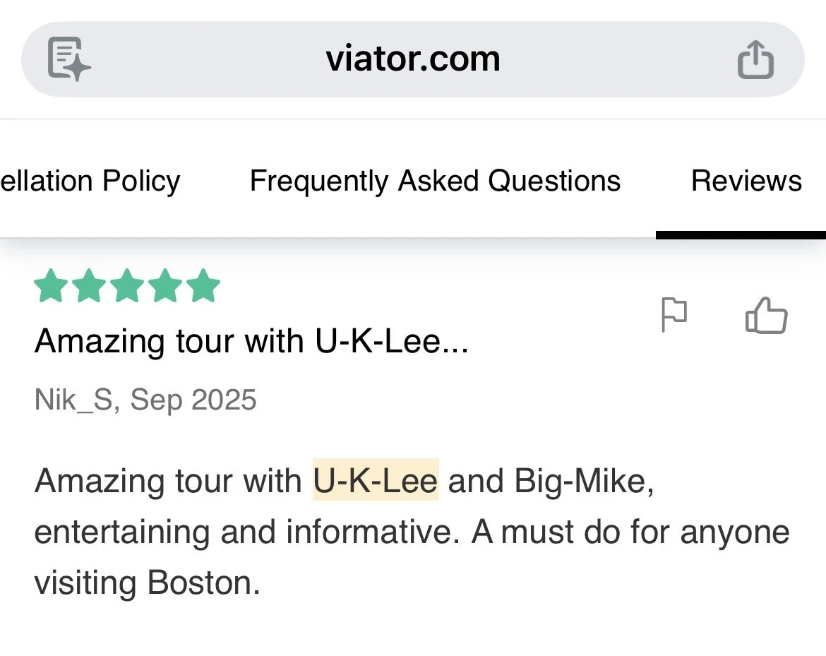 Screenshot of a travel review website showing a five-star review for a tour with U-K-Lee and Big-Mike in Boston.