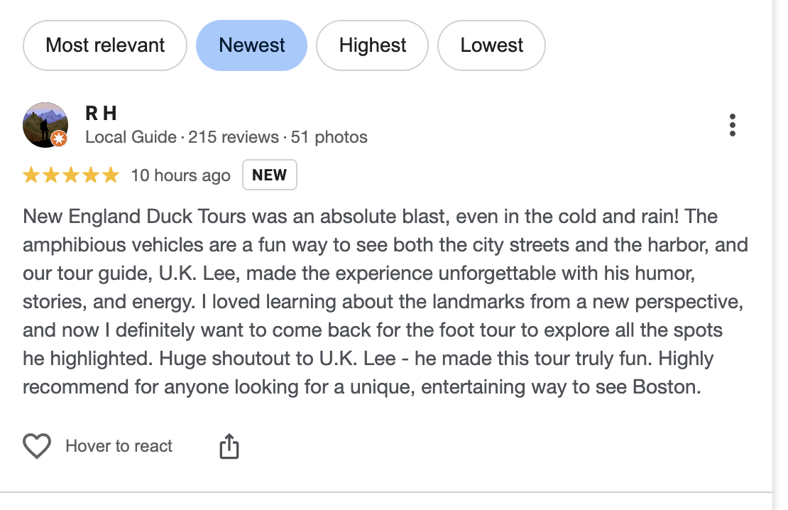 Review of New England Duck Tours, highlighting its fun amphibious vehicles and informative narration from tour guide U.K. Lee, offering a unique way to explore Boston.