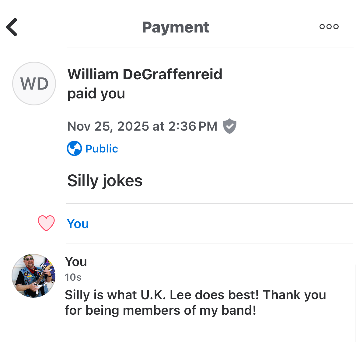 Screenshot of a mobile app payment confirmation page showing William DeGraffenreid paid for a band membership, with a comment praising U.K. Lee.