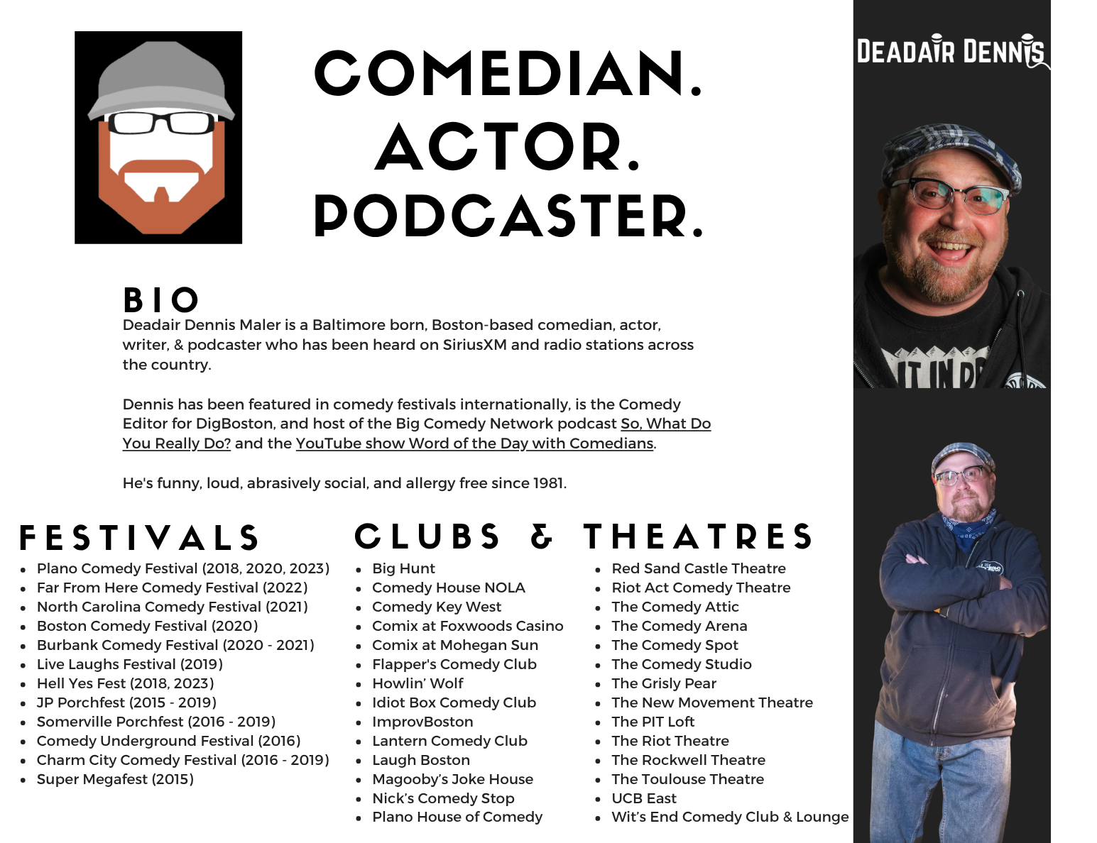 A webpage introducing comedian, actor, and podcaster Deadair Dennis, featuring his photo on the right, along with his biography, list of festivals, clubs, and theaters where he performs.