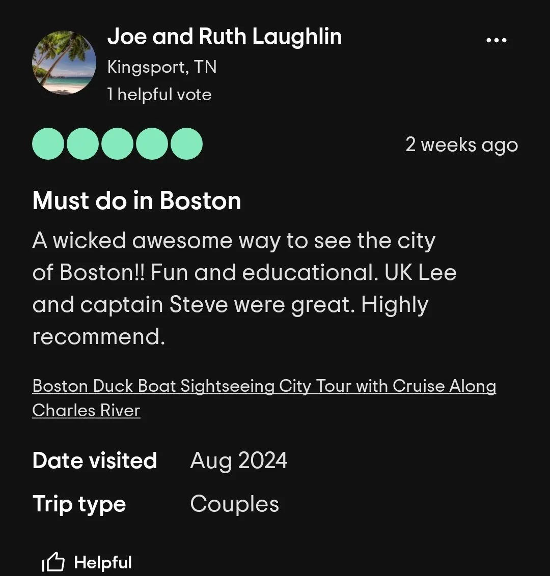 Review of a Boston duck boat city sightseeing tour along Charles River, taken by a couple in August 2024 in Kingsport, Tennessee.
