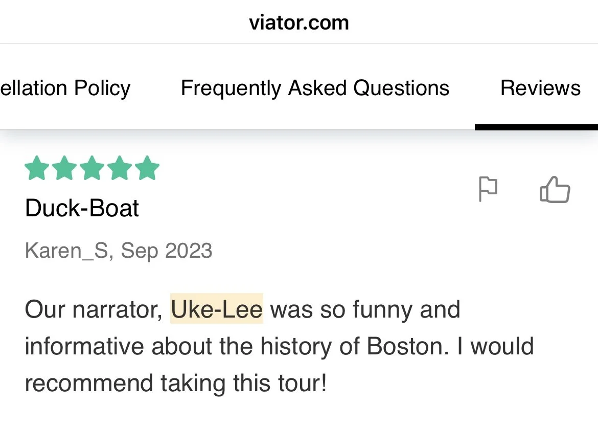 Online review for a Duck Boat tour in Boston, featuring five-star ratings, praising the narrator Uke-Lee for being funny and informative, posted by Karen_S in September 2023.