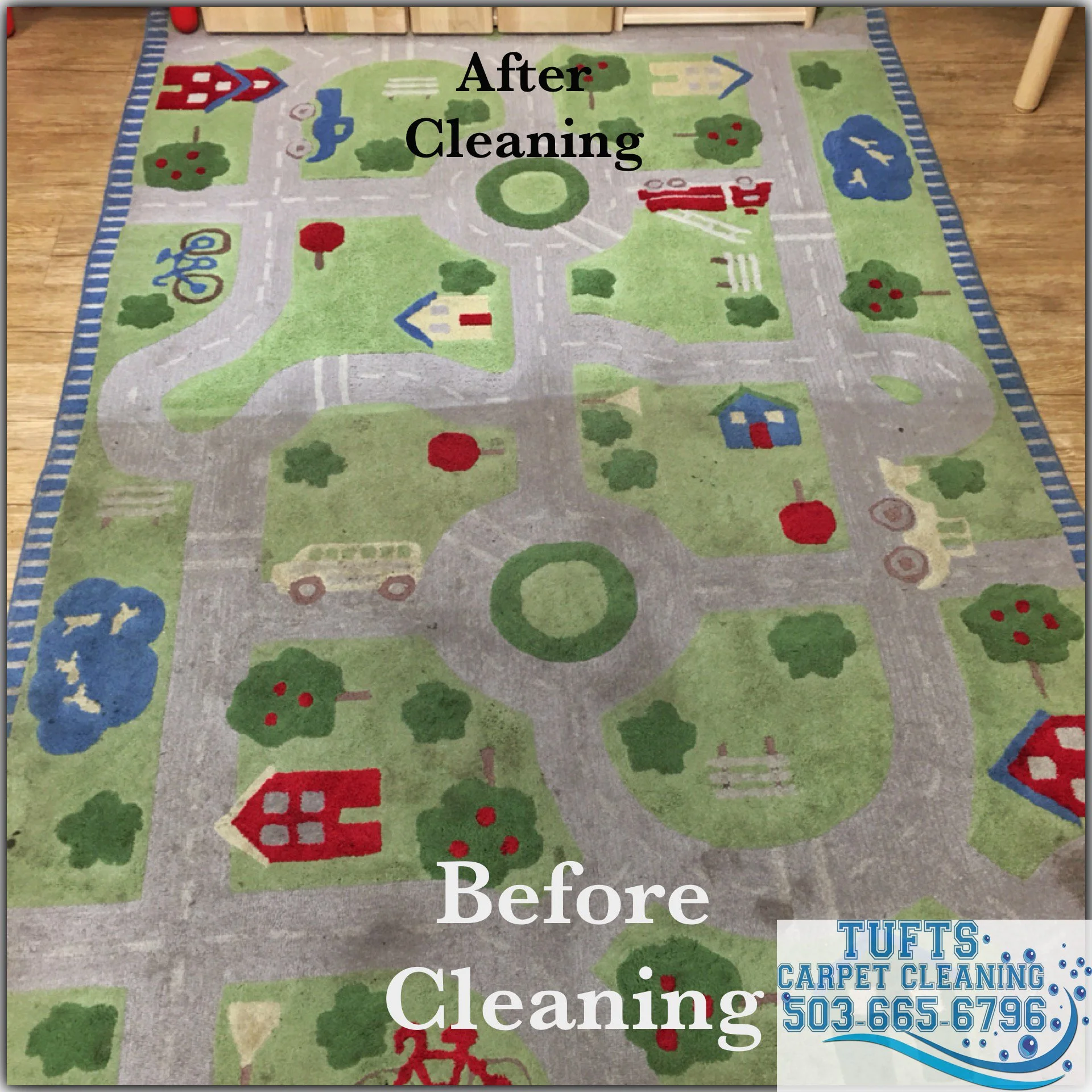 Children's play rug with road and town design, showing a noticeable difference before and after cleaning.