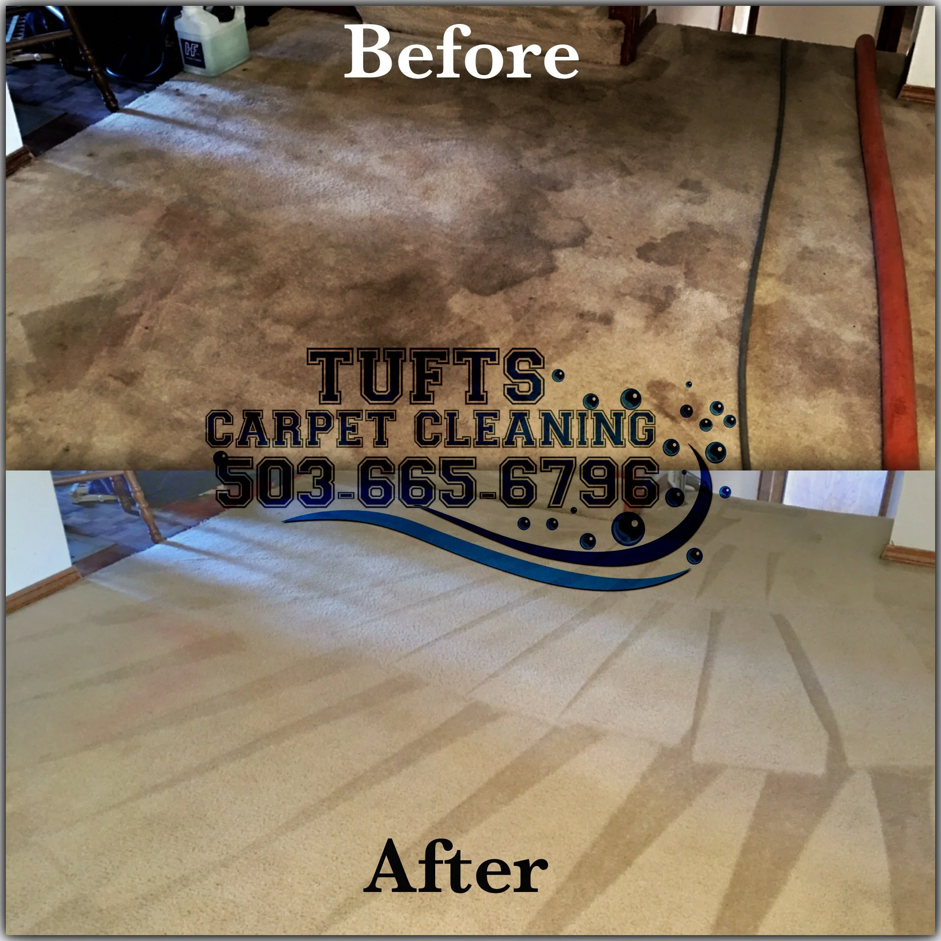 Carpet cleaning results; top shows a dirty carpet labeled 'Before', bottom shows cleaned carpet labeled 'After', with Tufts Carpet Cleaning branding.