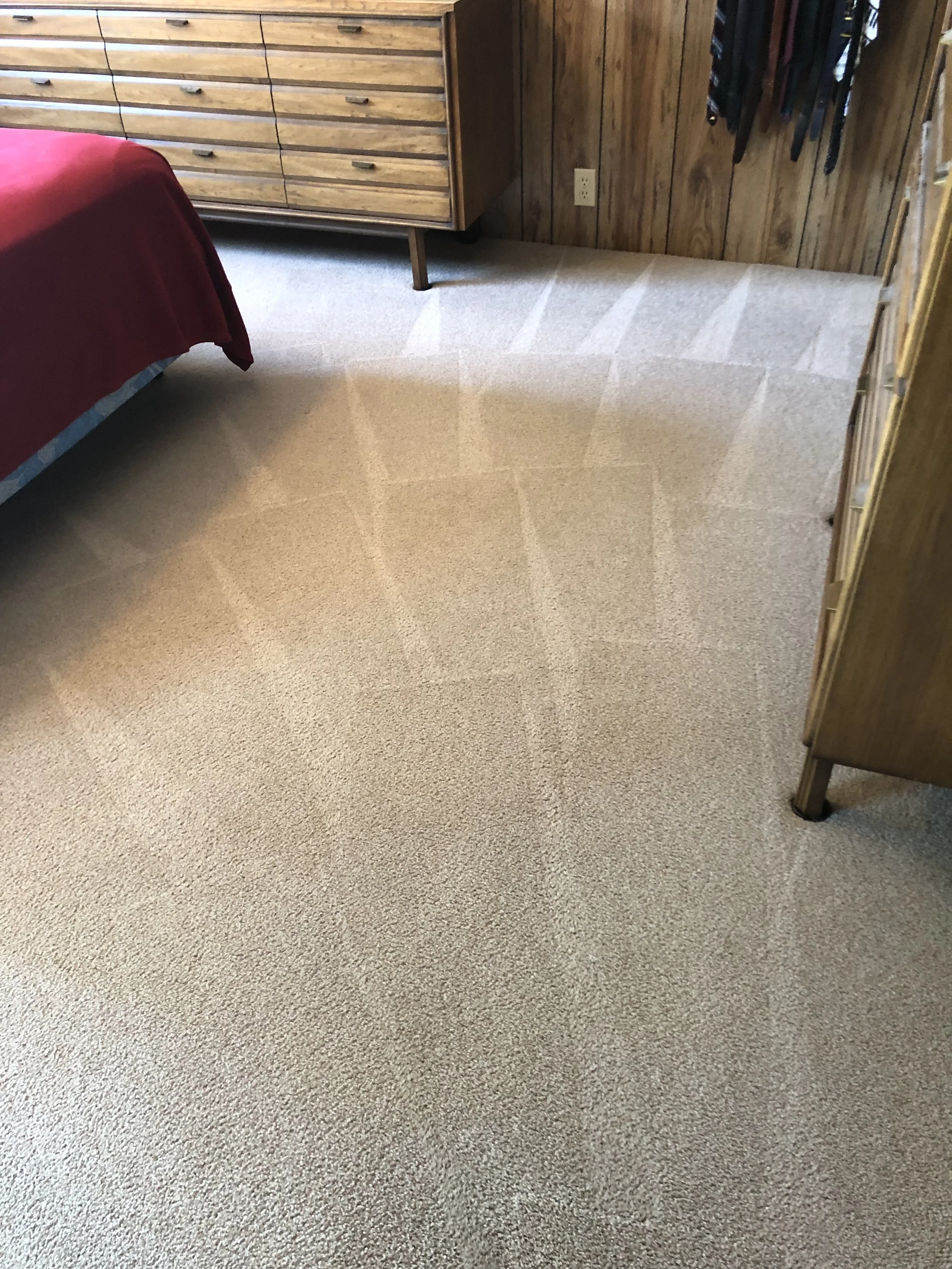 A bedroom with beige carpet displaying vacuum cleaner lines, a wooden dresser with multiple drawers, and part of a bed with a red blanket.