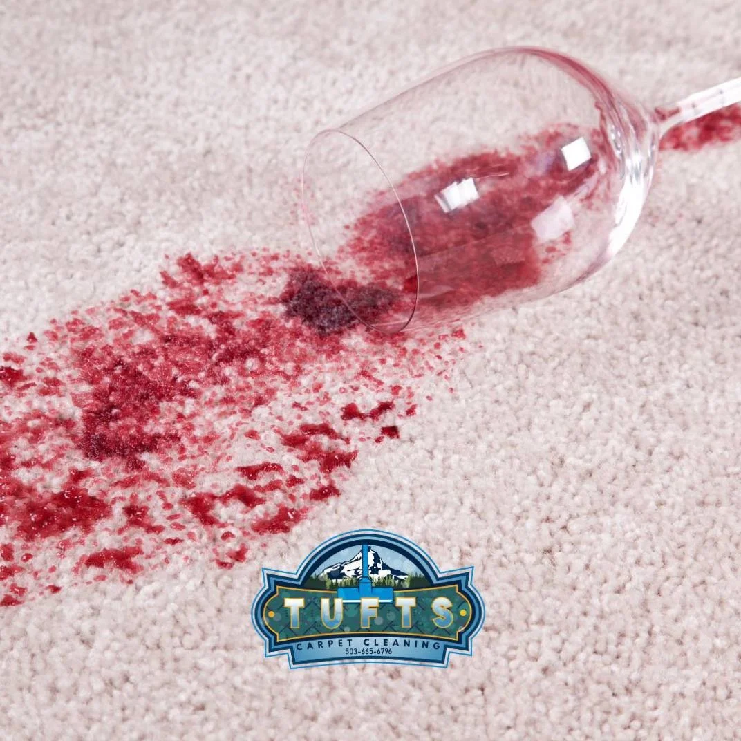 Spilled red wine from a knocked over glass on a light-colored carpet, with a Tufts Carpet Cleaning logo.