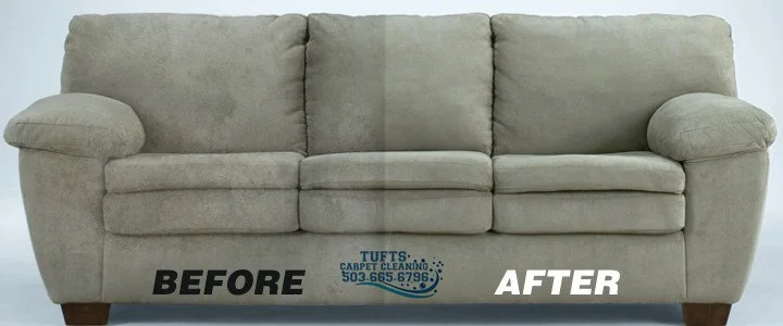 Beige sofa with contrasting clean and dirty areas labeled 'before' and 'after,' showing results of cleaning by Tufts Carpet Cleaning.