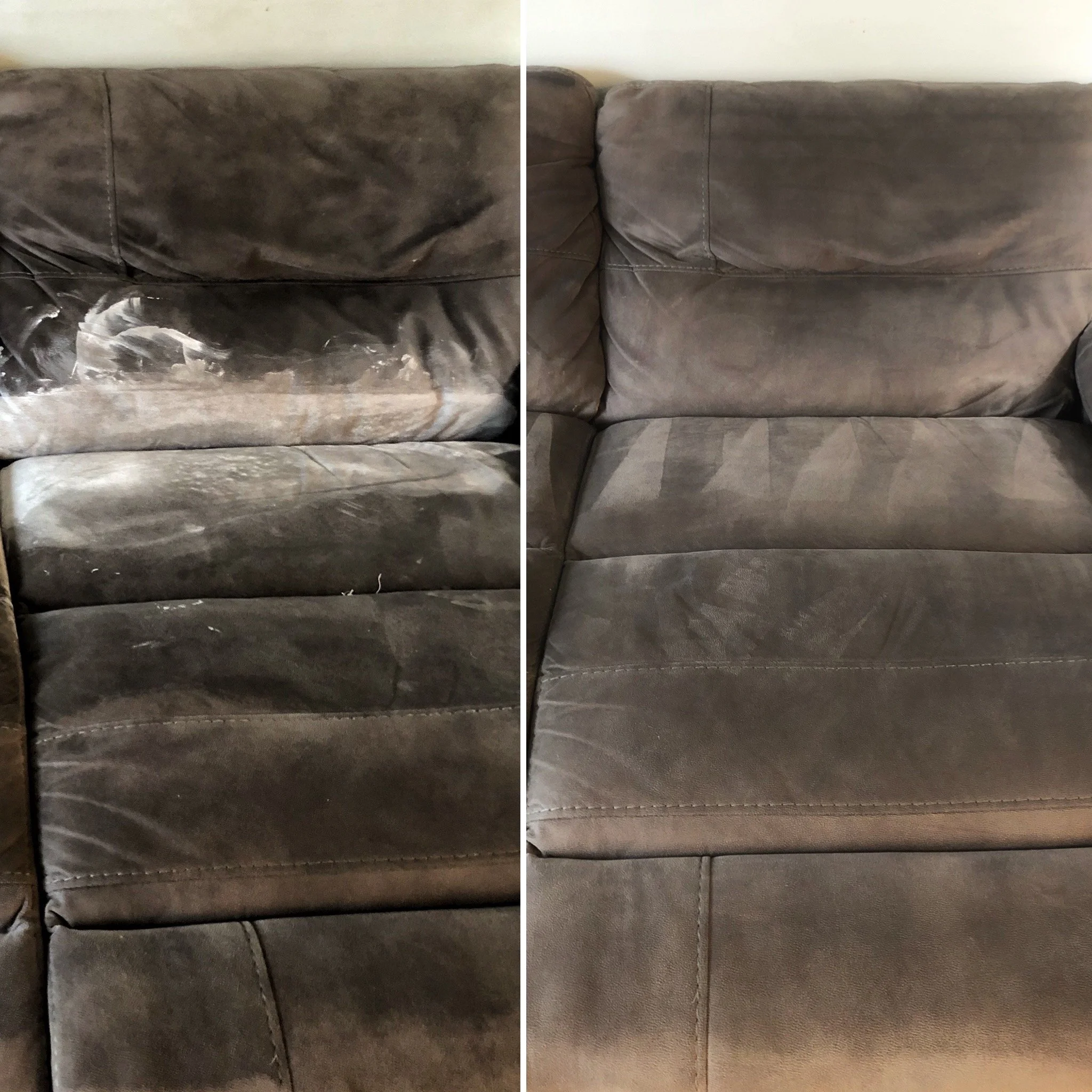 Two images side by side showing a brown sofa before and after cleaning, with the left side showing stains and dirt, and the right side looking clean and pristine.
