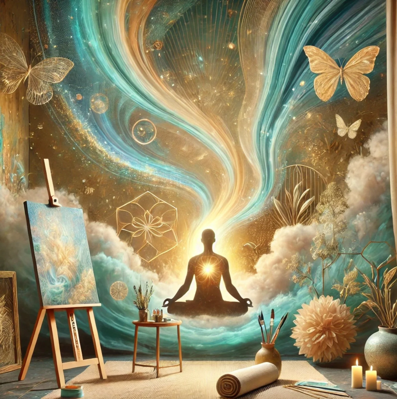Abstract artwork featuring a silhouette of a person meditating, surrounded by swirling colors and celestial elements. Butterflies, clouds, and geometric patterns enhance the mystical atmosphere. An easel with a painting, brushes, and candles complete the serene setting.