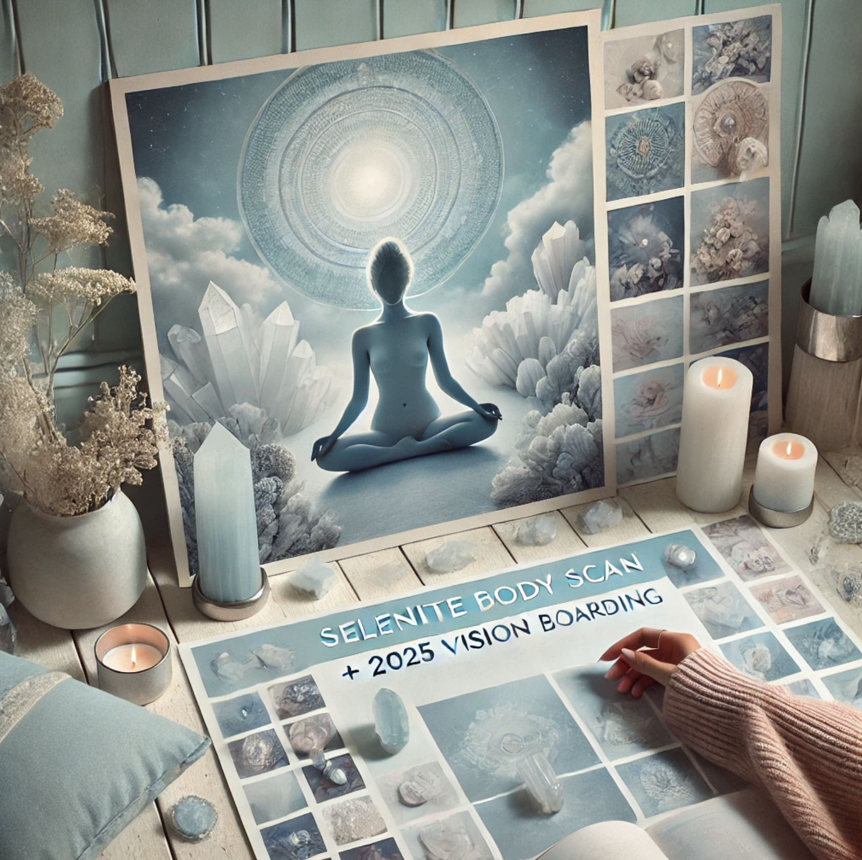 A serene scene featuring a meditative figure surrounded by crystals and candles. There's a focus on a board labeled "Selenite Body Scan + 2025 Vision Boarding," with various images and stones arranged around it. The overall atmosphere is calming and spiritual.