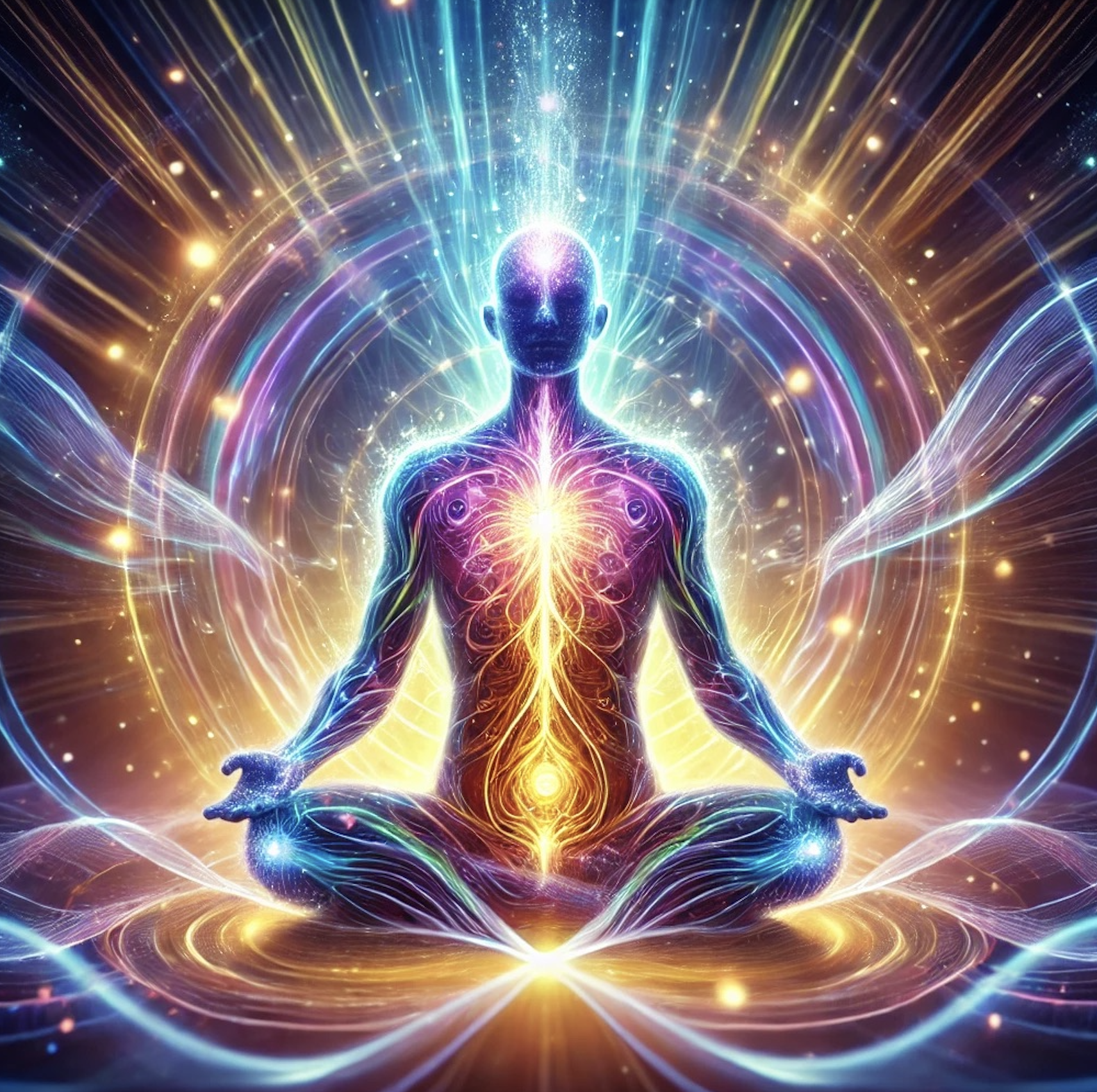 Illustration of a glowing, meditating figure with energy lines, symbolizing chakras and spiritual energy, surrounded by colorful light rays and cosmic patterns.