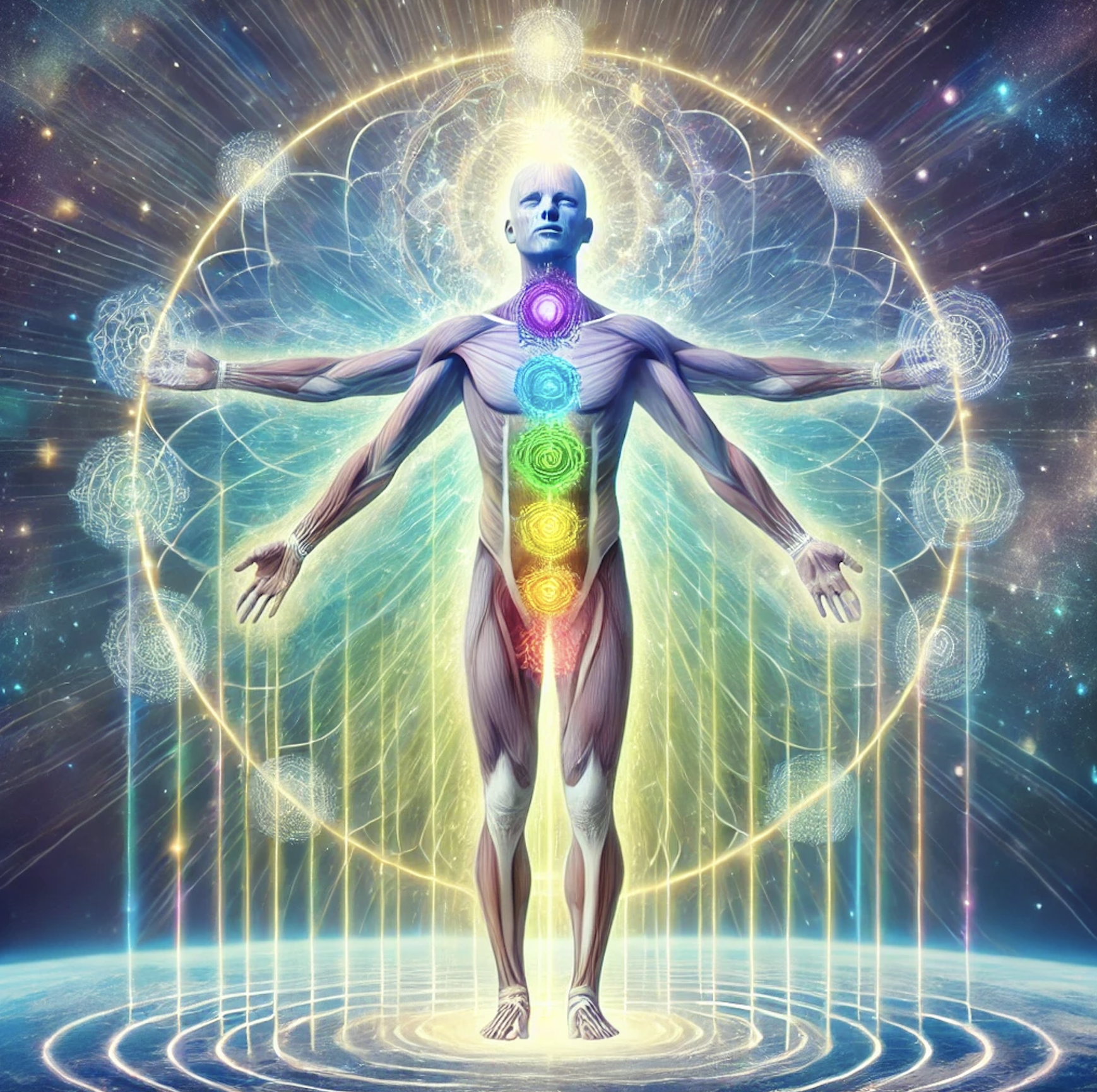 Abstract image of a human figure with chakra energy centers; glowing colors and cosmic background.