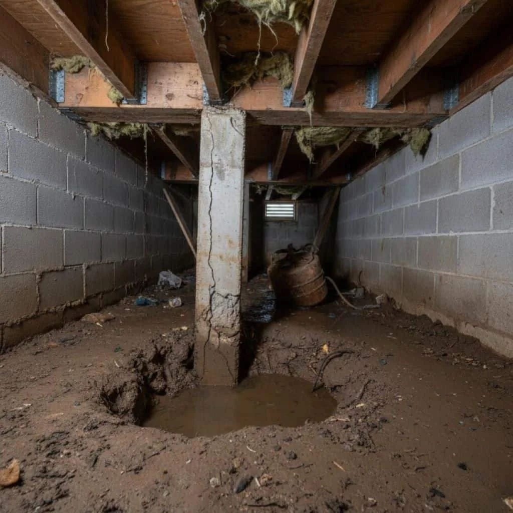 A photo-realistic view of a dark, damp crawl space under a house featuring a cracked concrete support pier sinking into muddy, water-pooled soil.