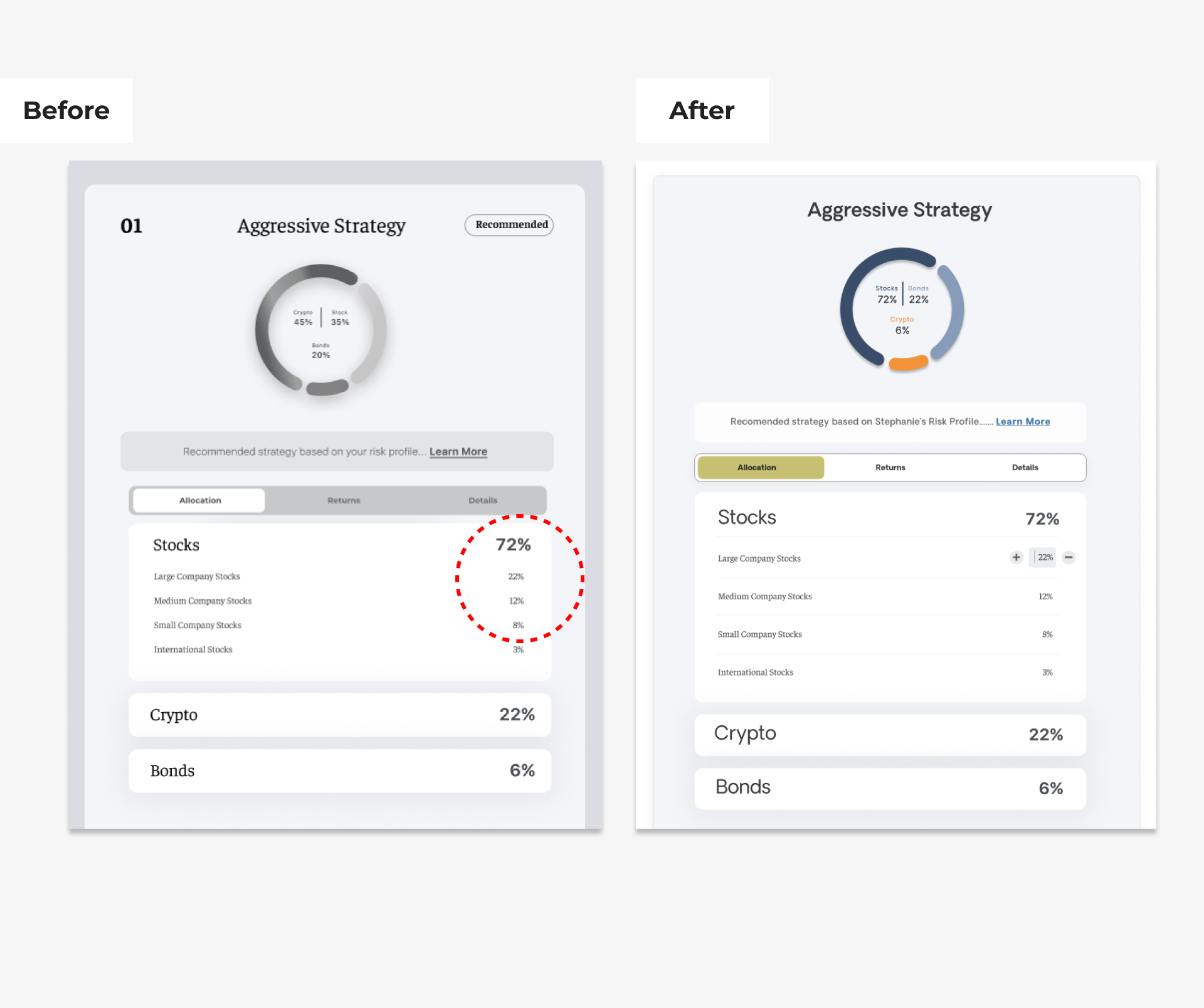 ERROR PREVENTION - Widget to allocate and distribute percentage investment in asset categories. It can be daunting to calculate and recalculate the percentage allocation across the investment portfolio. This number picker widget helps reduce the cogn
