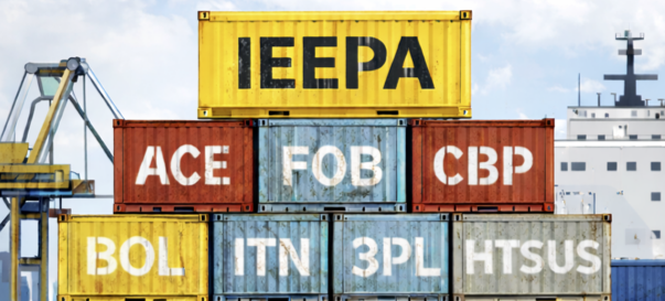 Stacked shipping containers with one labeled IEEPA representing tariff refund opportunity
