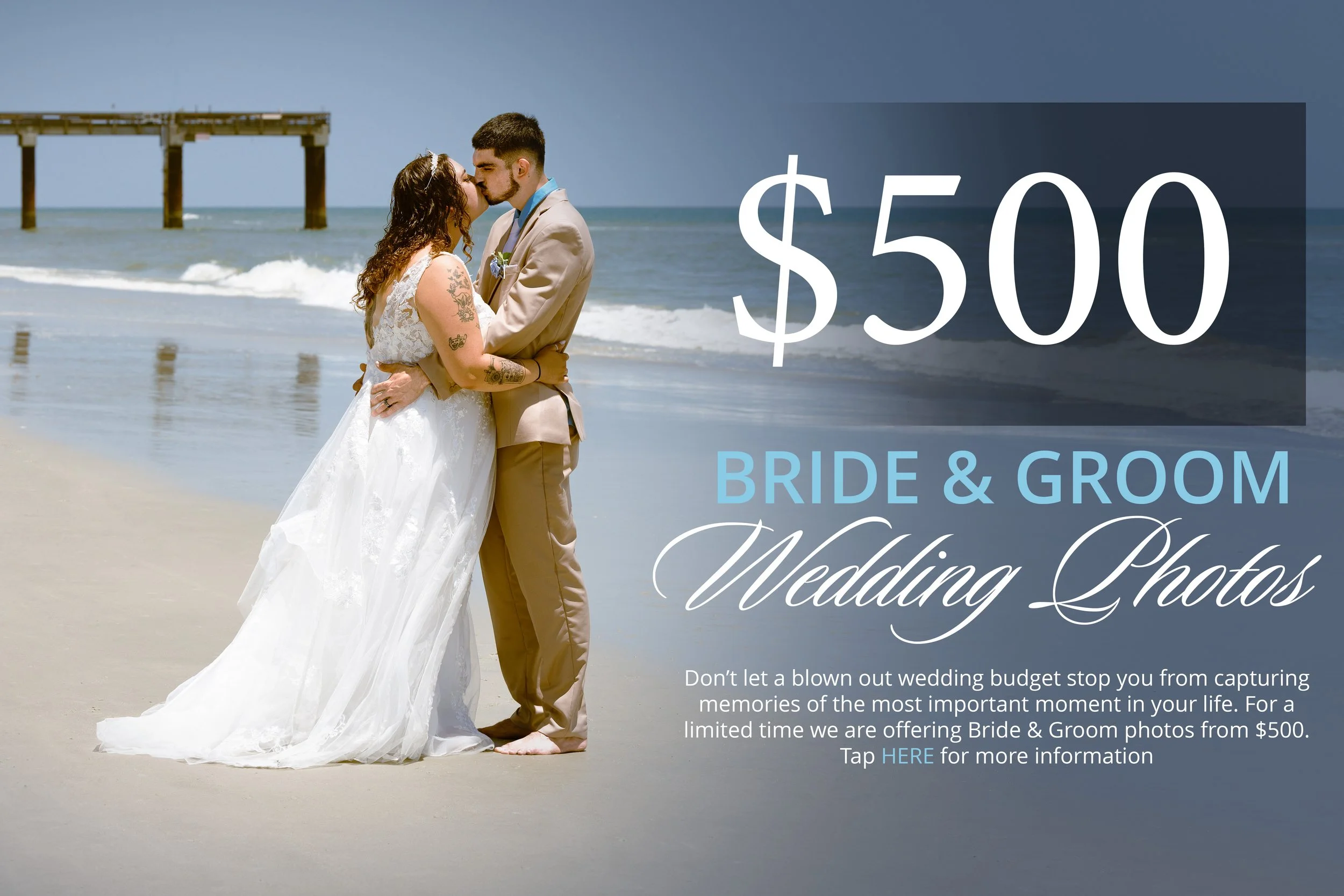 Portrait of a bride and groom on the beach in St.Augustine Florida sharing a kiss, with ocean waves and a pier in the background, promoting wedding photos for $500.