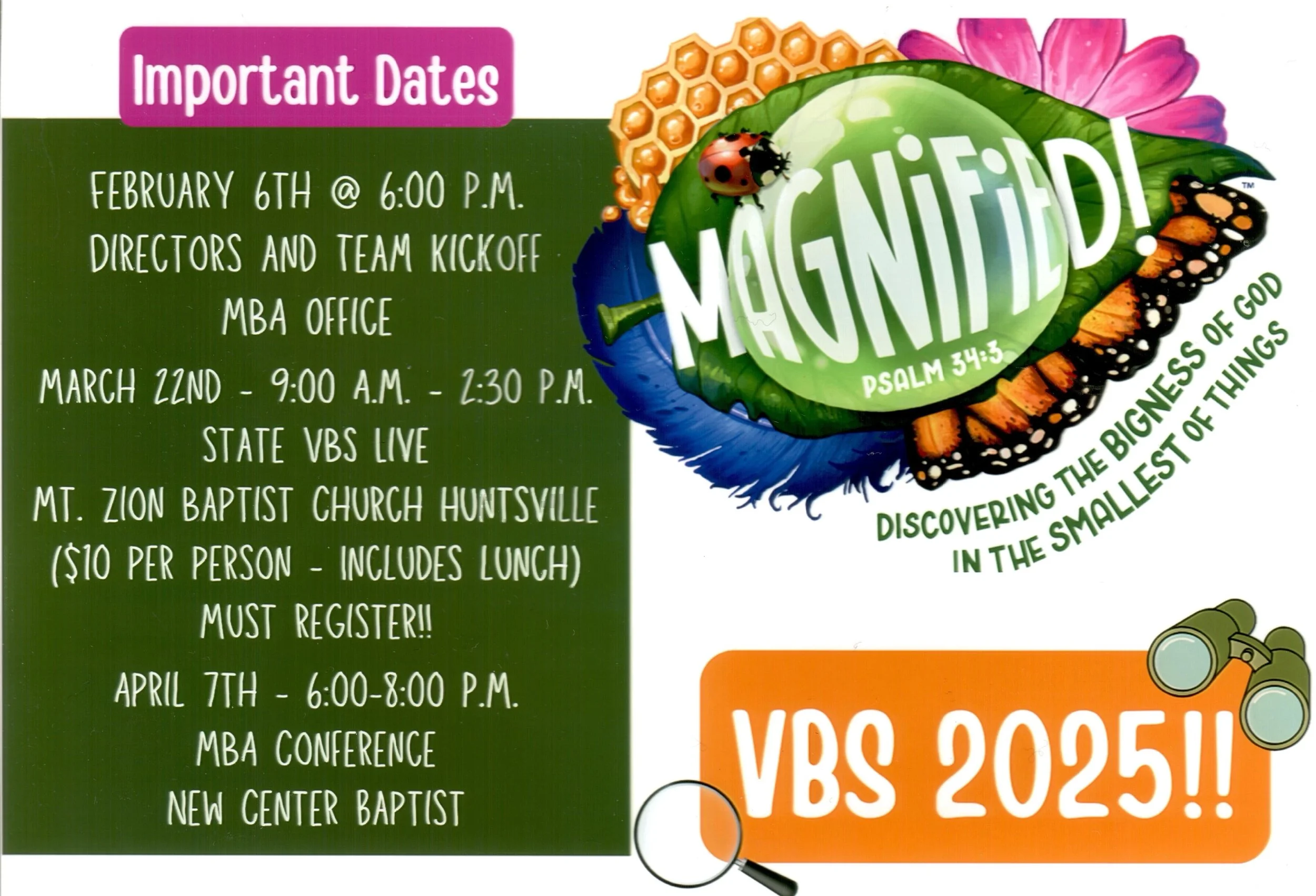 Event announcement flyer with dates for VBS 2025. Key events include a kickoff on February 6th at 6:00 pm, live VBS at Mount Zion Baptist Church Huntsville on March 22nd from 9 a.m. to 2:30 p.m. with lunch included, and a conference on April 7th from