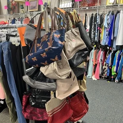 Clothing rack with various handbags draped over it, and racks of clothes in the background inside a retail store.