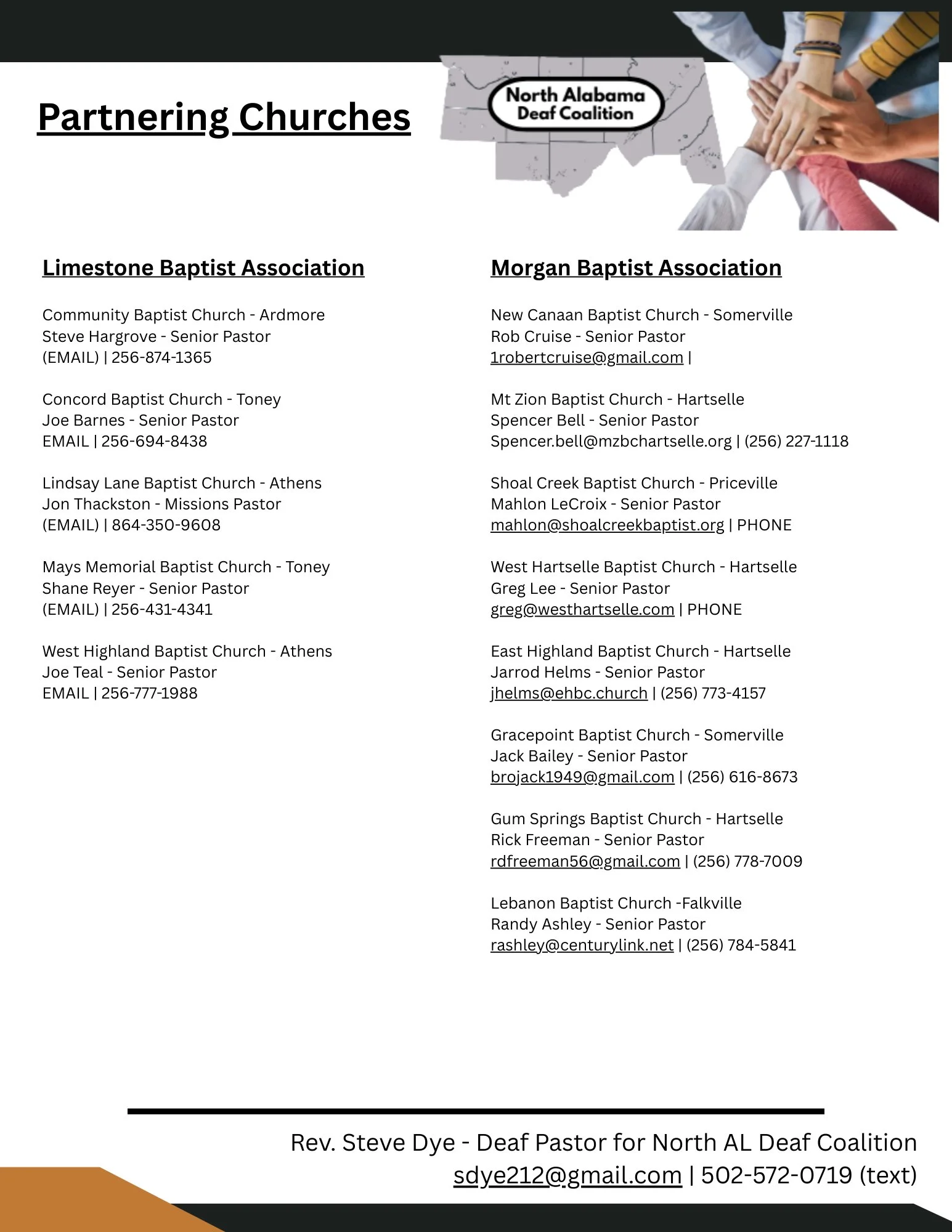 List of partnering churches in North Alabama Deaf Coalition, including names, locations, pastors, emails, and phone numbers, with a logo and a photo of people joining hands.