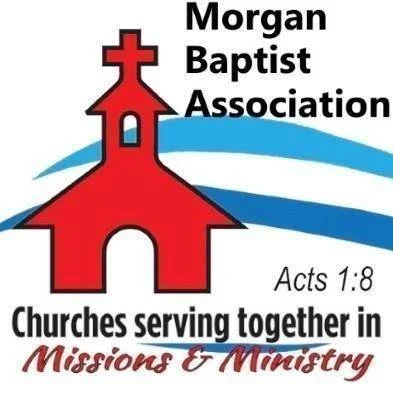 Logo for Morgan Baptist Association featuring a red church with a cross on top and blue waves, with text indicating churches serving together in missions and ministry, referencing Acts 1:8.
