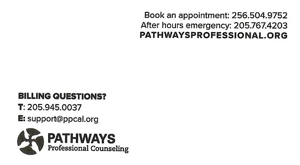 A flyer for PATHWAYS Professional Counseling, providing contact information for booking appointments, after hours emergency, billing questions, and support email, with the clinic's logo at the bottom left corner.