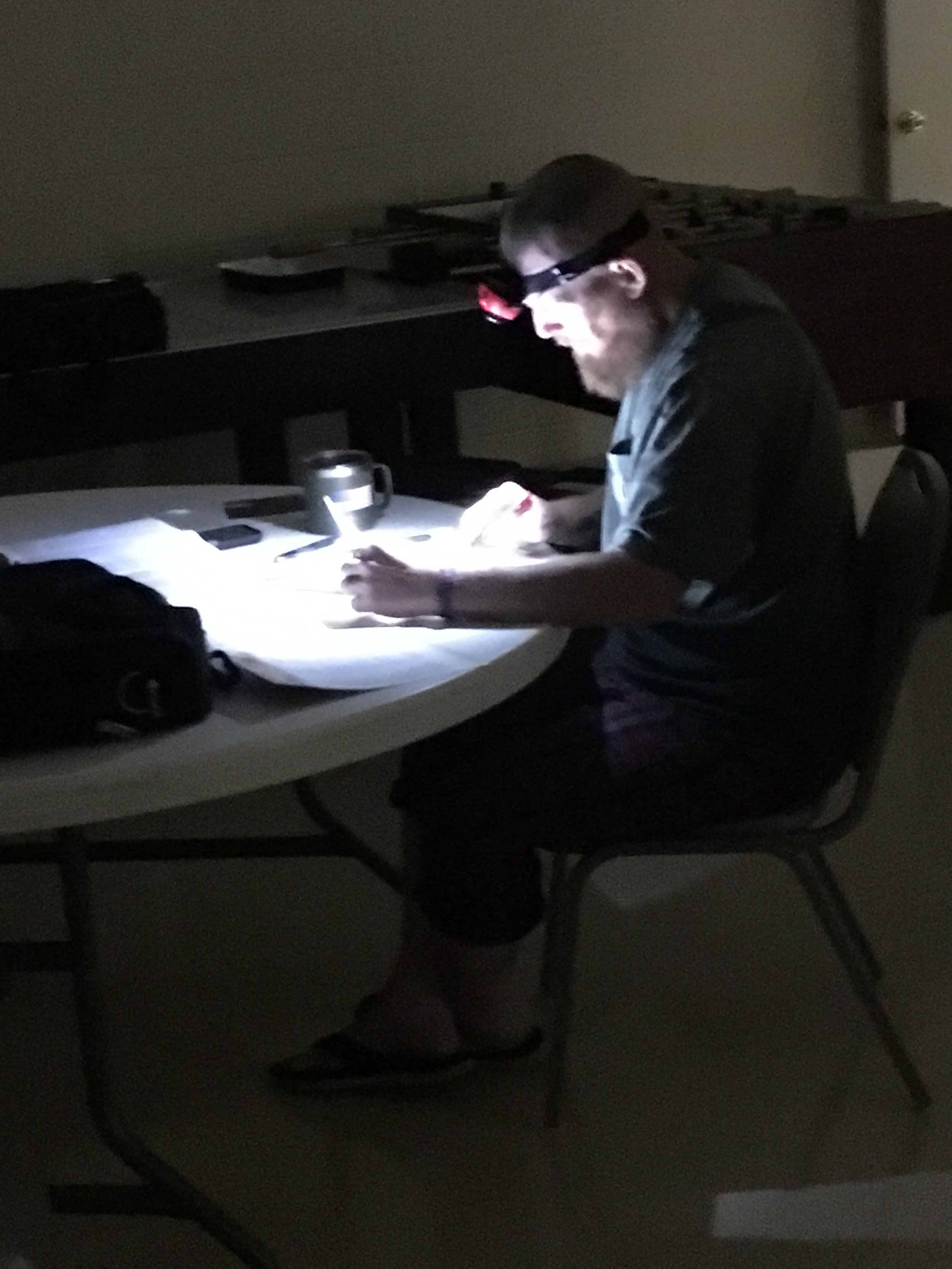 A man with a beard and glasses wearing a headlamp, sitting at a round table in a dark room, working on a piece of paper with a pen. There is a mug, a phone, and a bag on the table, illuminated by the headlamp.