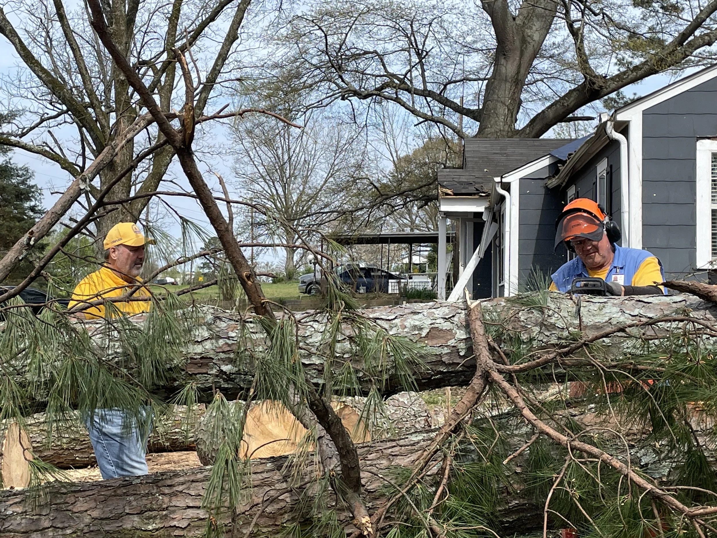 Two workers in yellow and blue uniforms, one wearing a hard hat and the other wearing a helmet, cutting and managing a large fallen tree near a house, with debris and broken branches in the yard.
