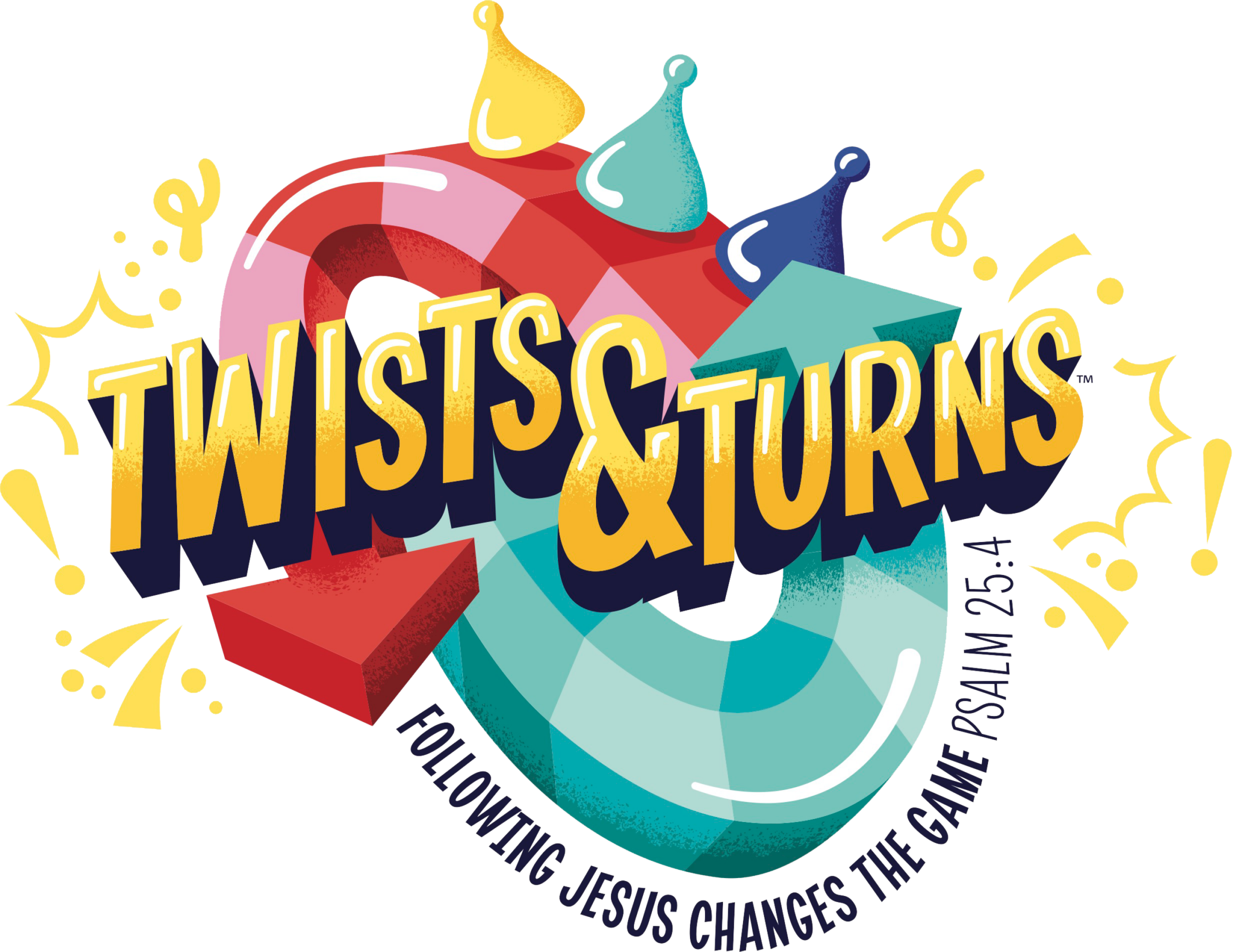 Colorful logo for "Twists & Turns" featuring a twisting game piece with a bright yellow, pink, and teal color scheme, and the subtitle "Following Jesus Changes the Game" wrapped around the game piece.