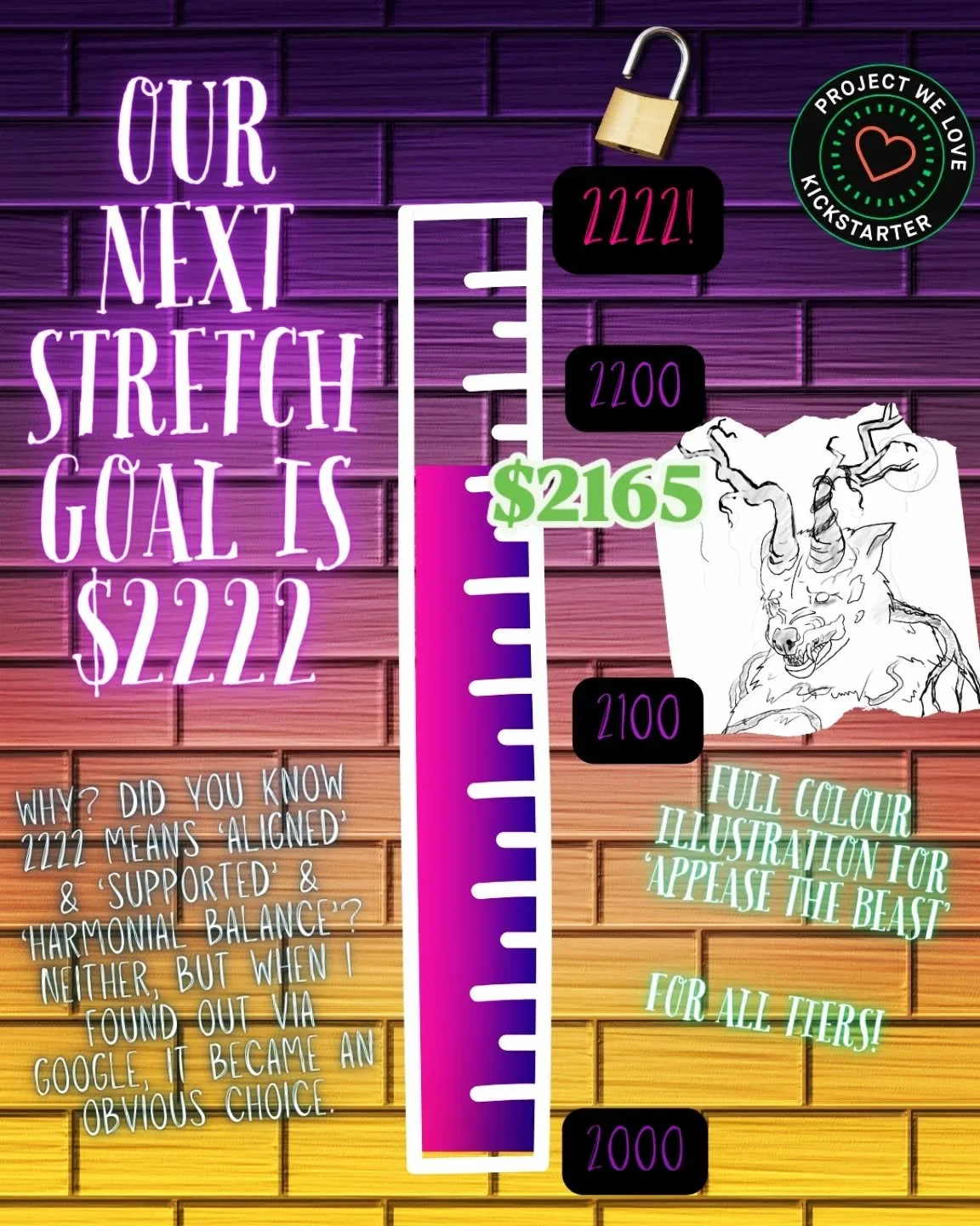👻 STRETCH GOAL #4 👻
.
Currently sitting at $2165 and aiming to get to $2222!
.
We are so close! That tasty illustration of the beast is just waiting to get some colour 🎨 
.
With less that $60 to go, unlocking the next stretch goal is right around 