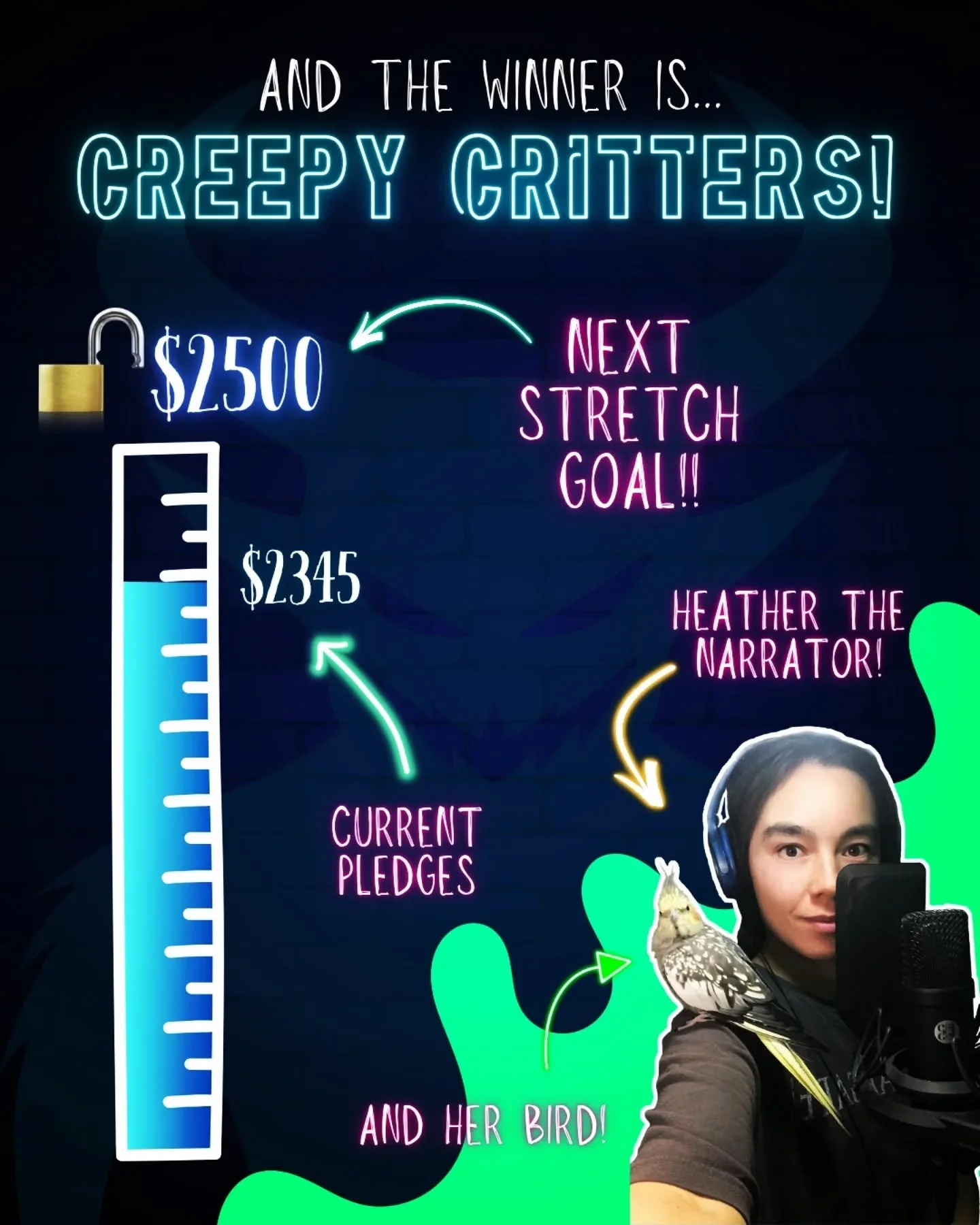 💙 CREEPY CRITTERS 💙
.
We have a winner! I can't wait to hear Creepy Critters narrated by @heatherhowardvoice 🎙
.
Stretch reward #5 is Creepy Critters narrated by Heather Howard 💜
.
@wendydalrymplewrites coined this story 'reminiscent of the facul