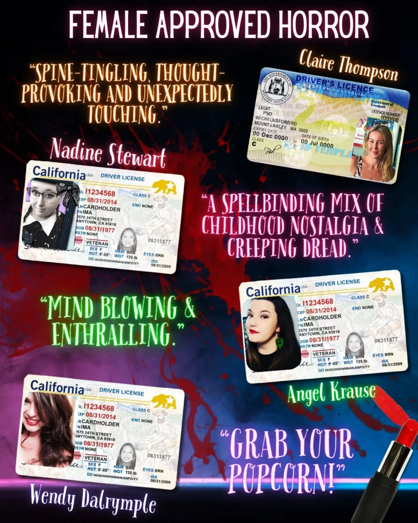 All That Slithers has a delicious line up of horror loving females backing the stories within.
.
With @wendydalrymplewrites endorsing Creepy Critters 🔬 
.
@clairethompsonbooks endorsing Just the Juice 🍊 
.
Angel Krause from @voicesfromthemausoleum 