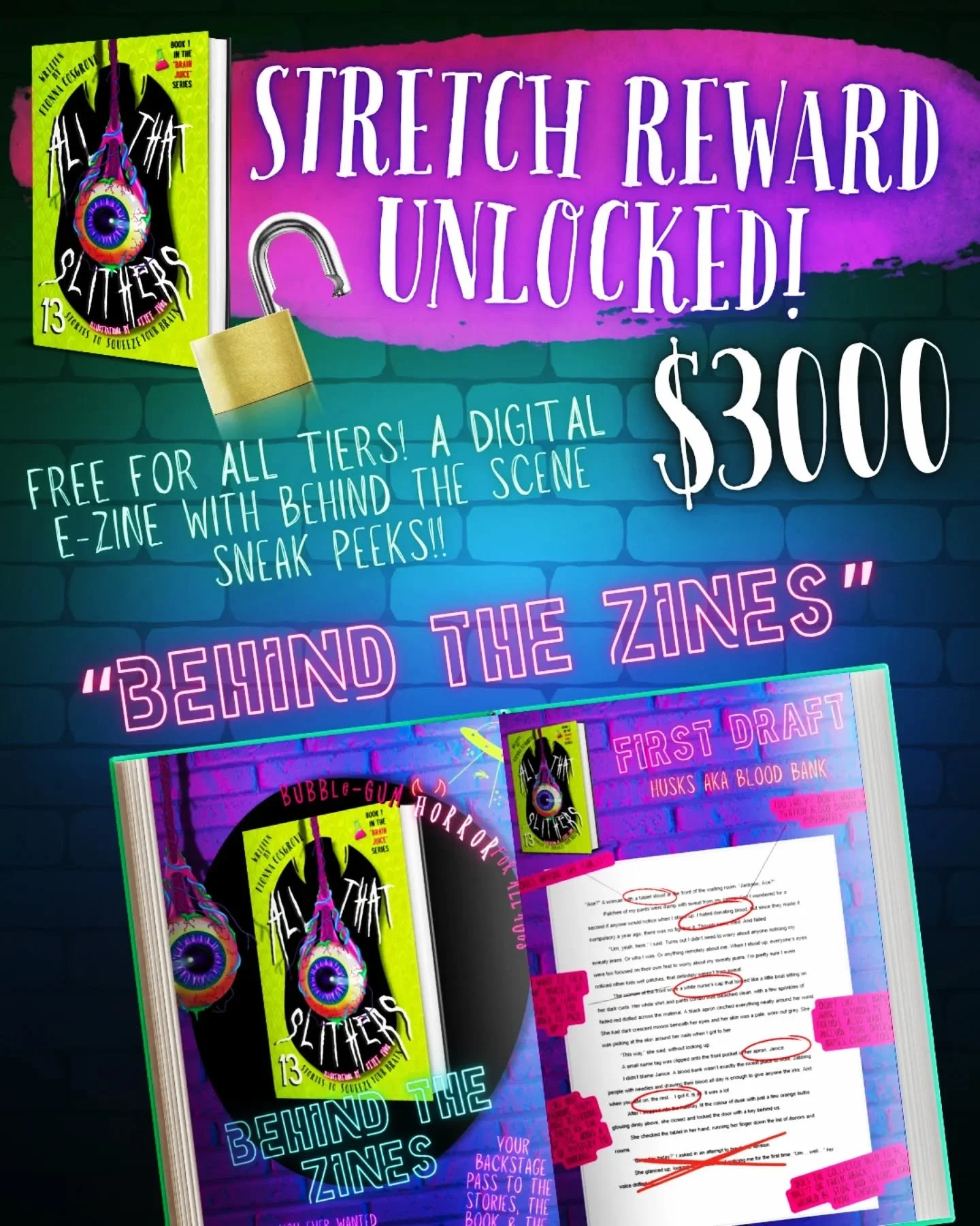 💜 BEHIND THE ZINES - UNLOCKED! 💜
.
Hit that 3k, which means everyone gets that digital behind the zines e-zine!
.
All the delicious behind the scenes info including first drafts, cover concepts and more!!
.
FOR ALL TIERS!
.
We're in the last final