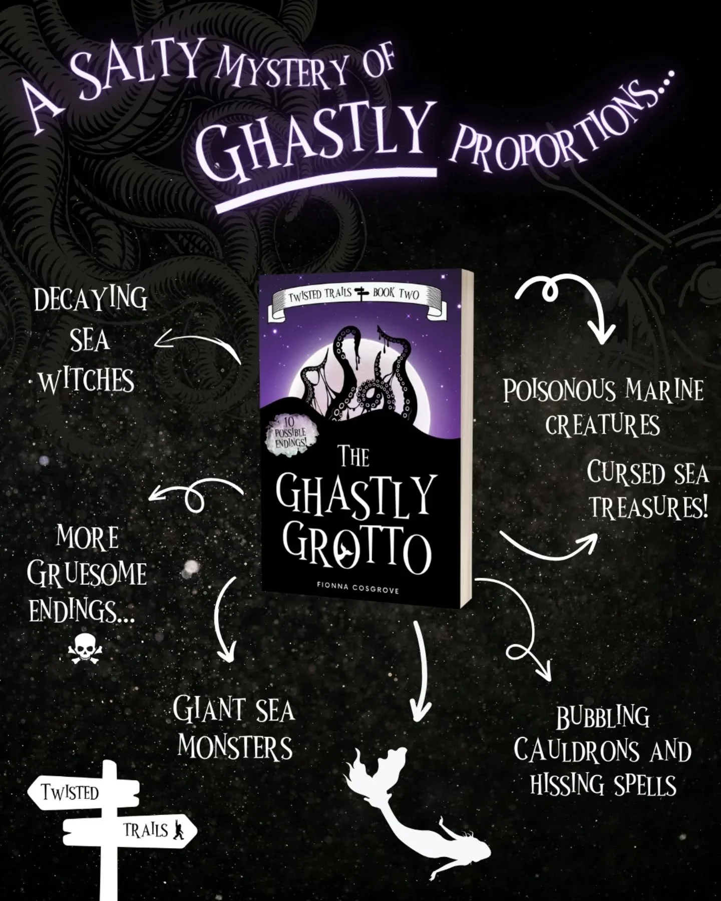 🐙 THE GHASTLY GROTTO 🐙 
.
Book 2 in my Twisted Trails series was my venture back to the ocean 🌊 
.
It took the longest of all the TTs to write, mostly because I was thinking too hard about it. But this series is meant to be fun. Stakes are high, w