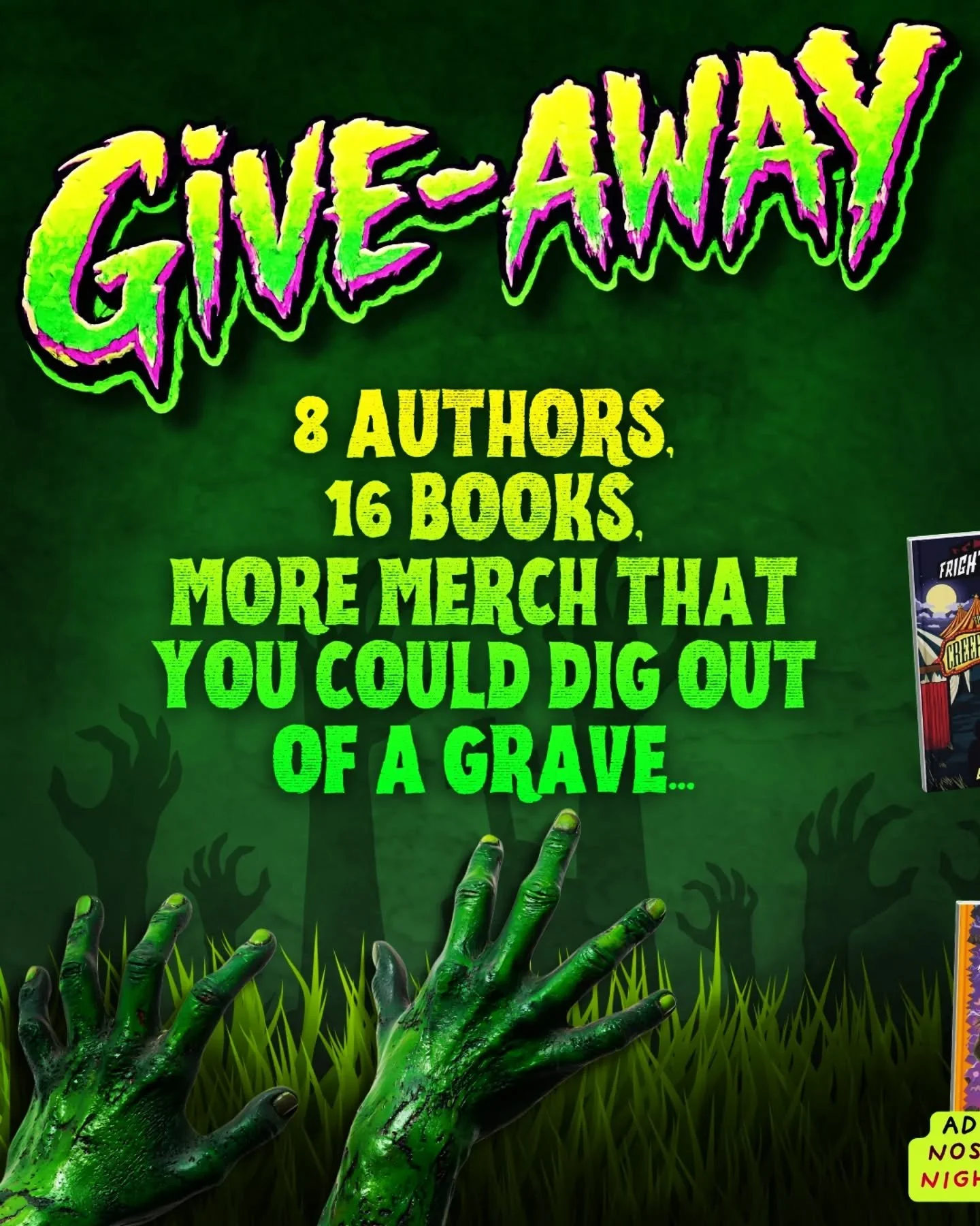 🧟&zwj;♂️ GIVE-AWAY BONANZA 🧟&zwj;♂️
.
This give-away has been brewing since the end of last year and im super excited to kick it off!
.
💚 3 MAMMOTH PRIZE PACKS 💚
.
1. OG Horror Haul 🔪 
2. Haunted Eyes &amp; Ears
3. Short &amp; Mysterious
.
👽 8 