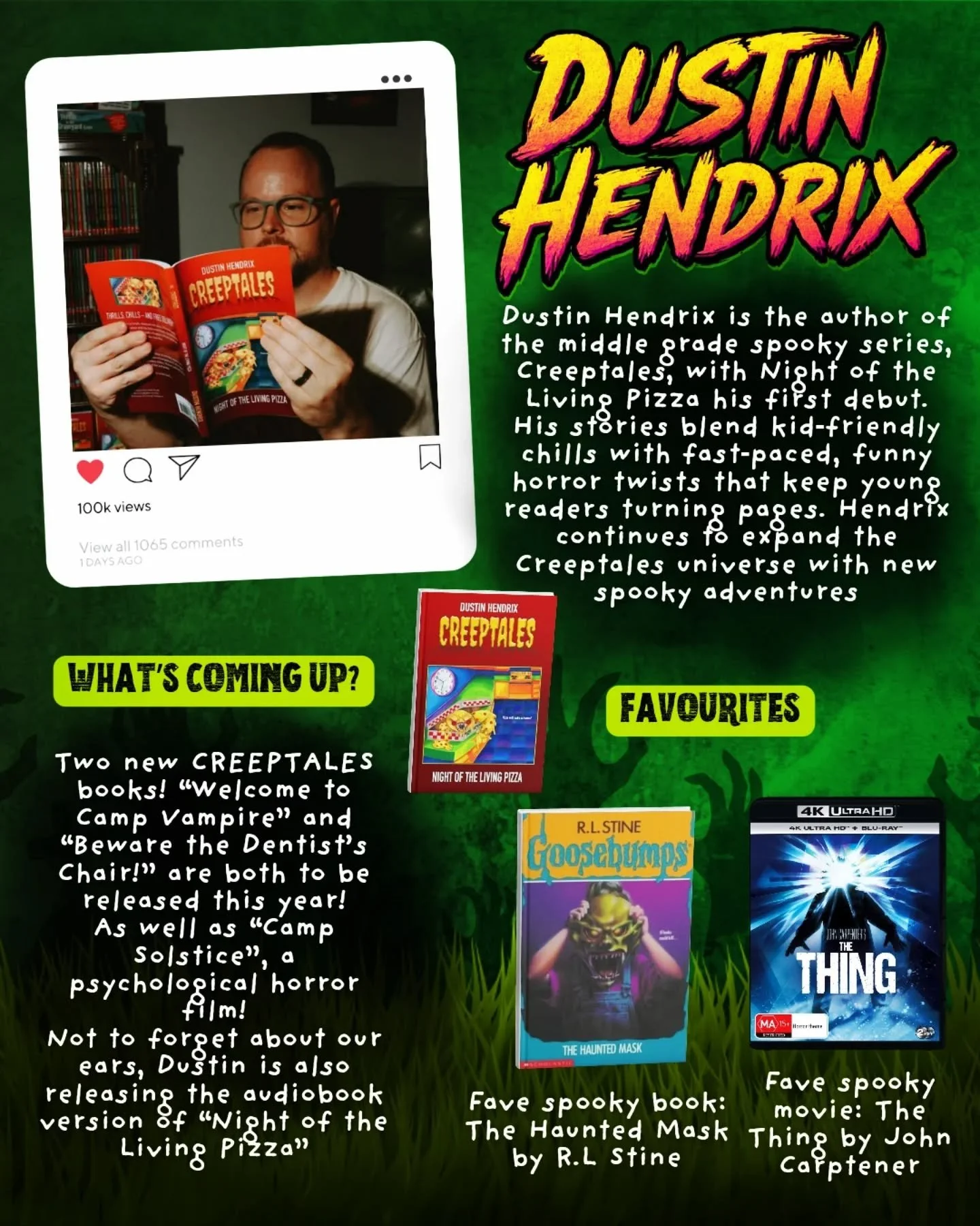Have you met Dustin Hendrix, creator of the @creep_tales series? Not only is he a kind, generous, film maker and Goosebumps loving fiend, hes also the author of a spooky mg series 🛸
.
Go on, get closer, get to know him. And while youre there, check 