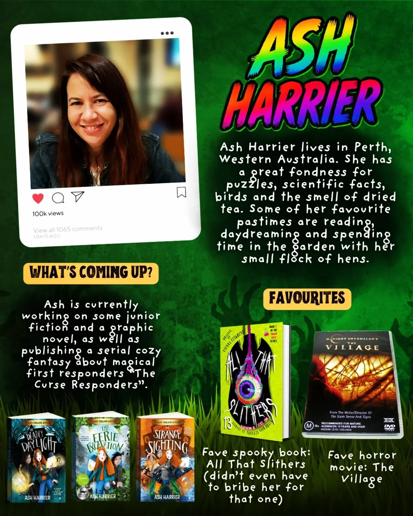 Anyone in WA is sure to have met the magnanimous @ashharrierbooks. Literary phenom, magnificent mentor and lover of all things curious and unsettling. And also the author of the Alice England series of mystery books. 
.
Love a complicated, neuro spic