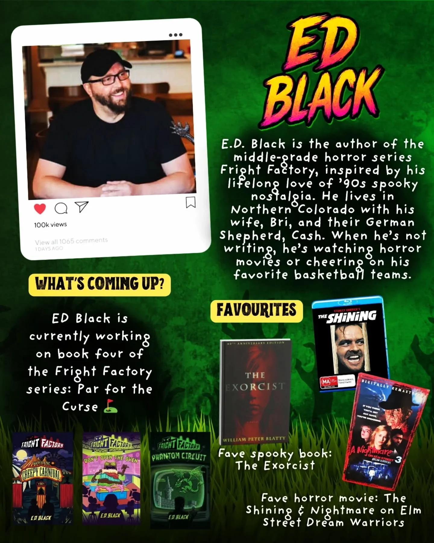 💙 Meet ED Black, lover of cake, carnivals and the digital abyss... or is that just his books? Black is the creator of the @frightfactorybooks, a middle grade horror series that harks back to the infamous Goosebumps. If youre a spooky lover, his book