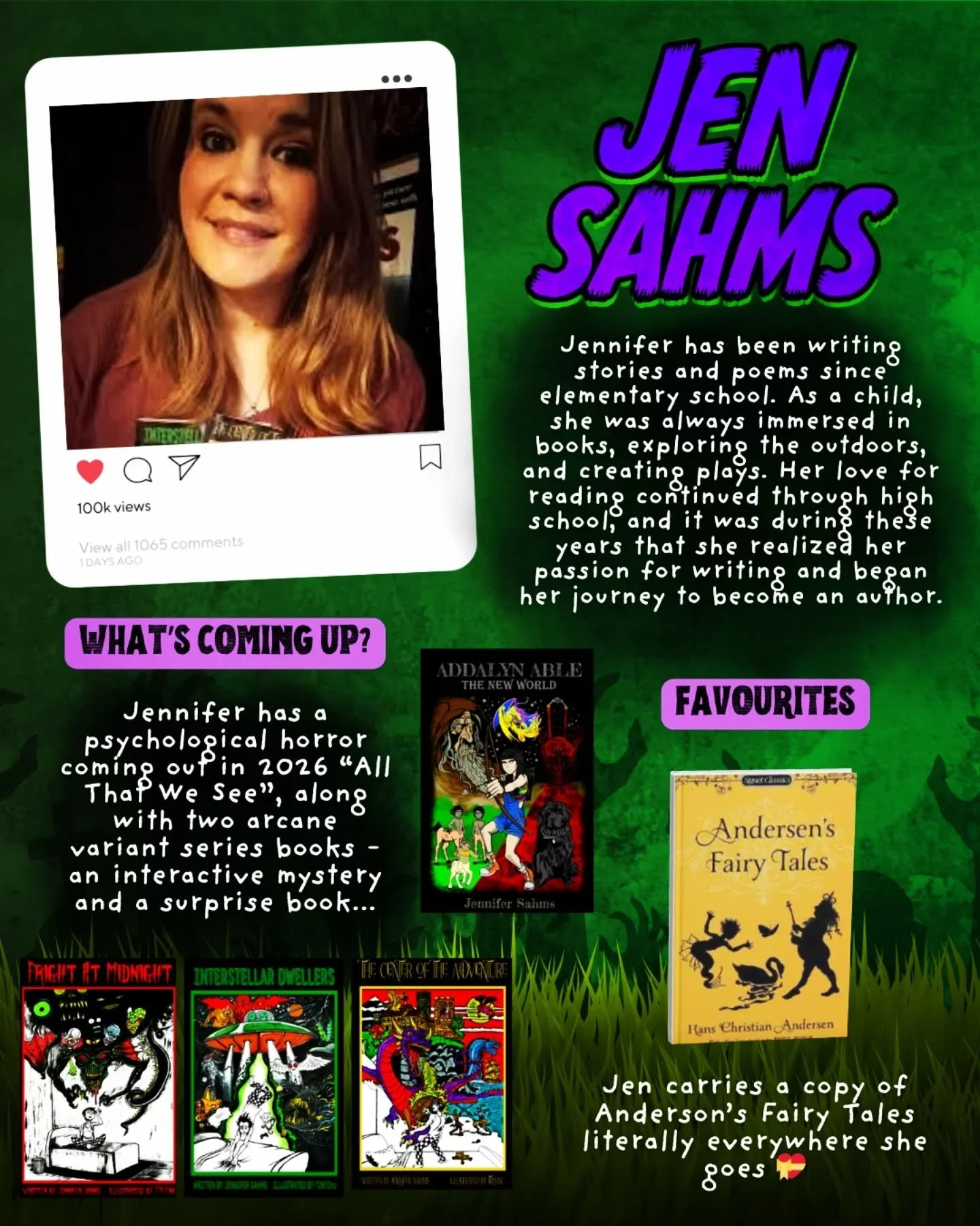 🔊 Meet @jennifer.sahms.author ! The author of both children's and adult horror, the best theme movie night maker of all time, and another one of the awesome authors in this give away! 
.
Jens Arcane Variant books are filled with unusual and curious 