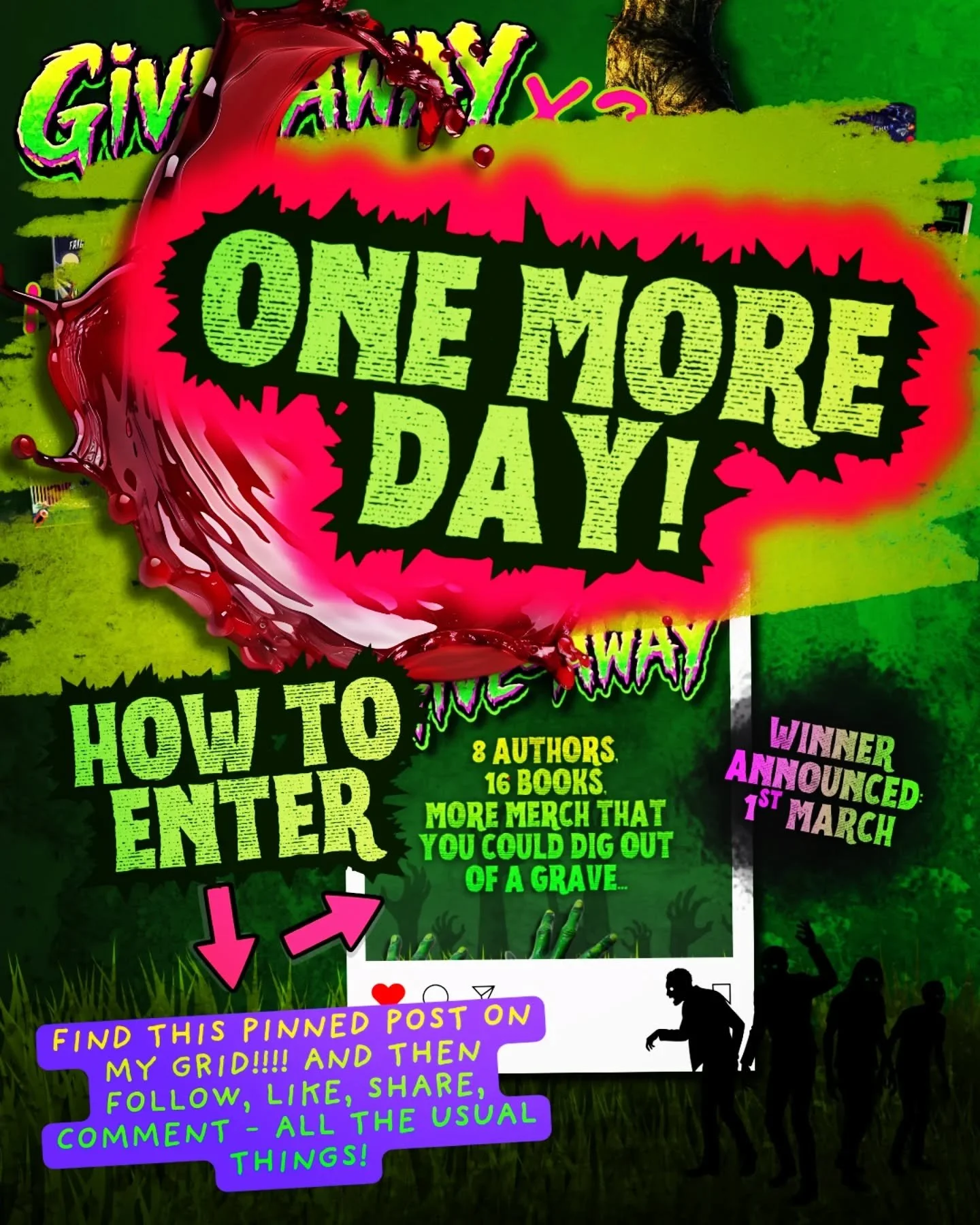 One. More. Day.
.
🧟&zwj;♂️ 
.
You know the drill. Head to my grid and click on the post!
.
Winner announced 1st march 🏆 
.
Okay - GO!
.
#GIVEAWAY #bookstagram #horrorbooks #spookymg